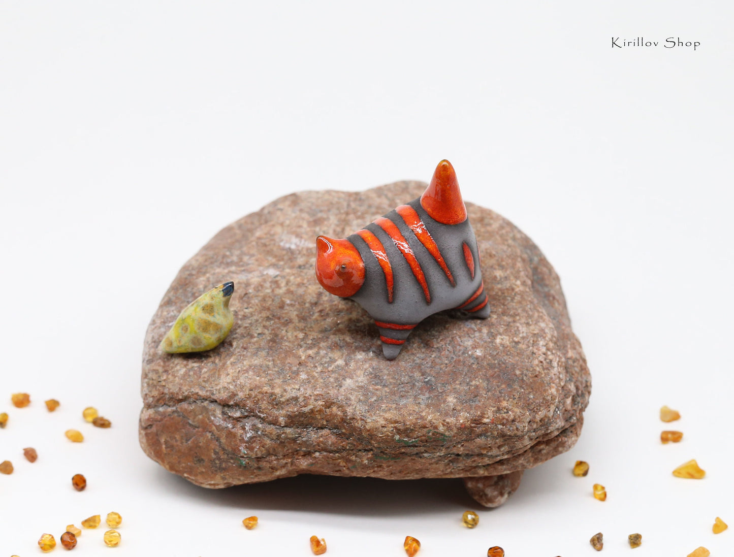 Miniature cat ceramic sculpture, Handmade Art, Gift cat loves, Cute black kitten figurine, Bird and cat set, MADE TO ORDER