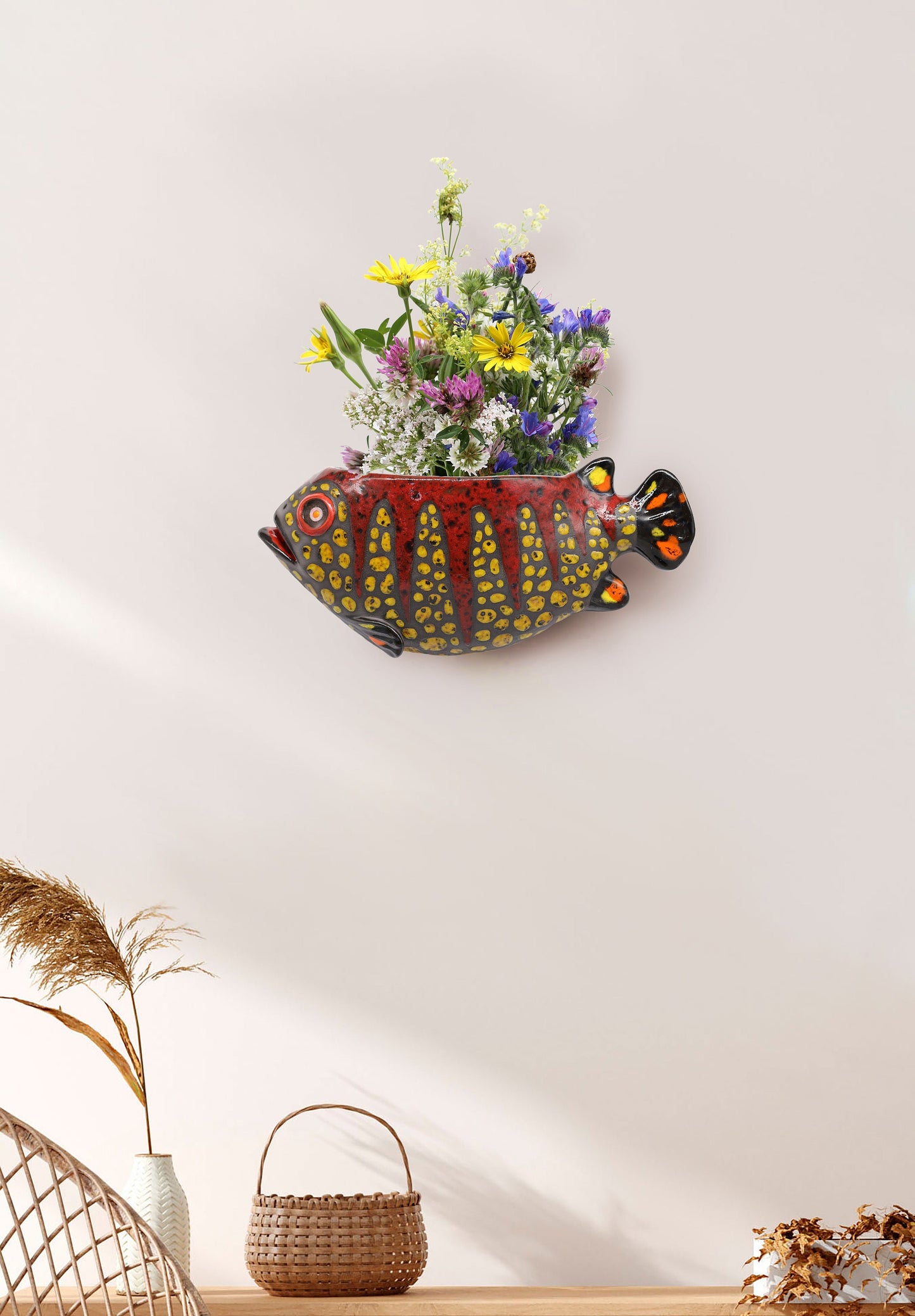 Ceramic fish wall hanging vase, unique handmade vase, wall sculpture, artwork, colorful fish