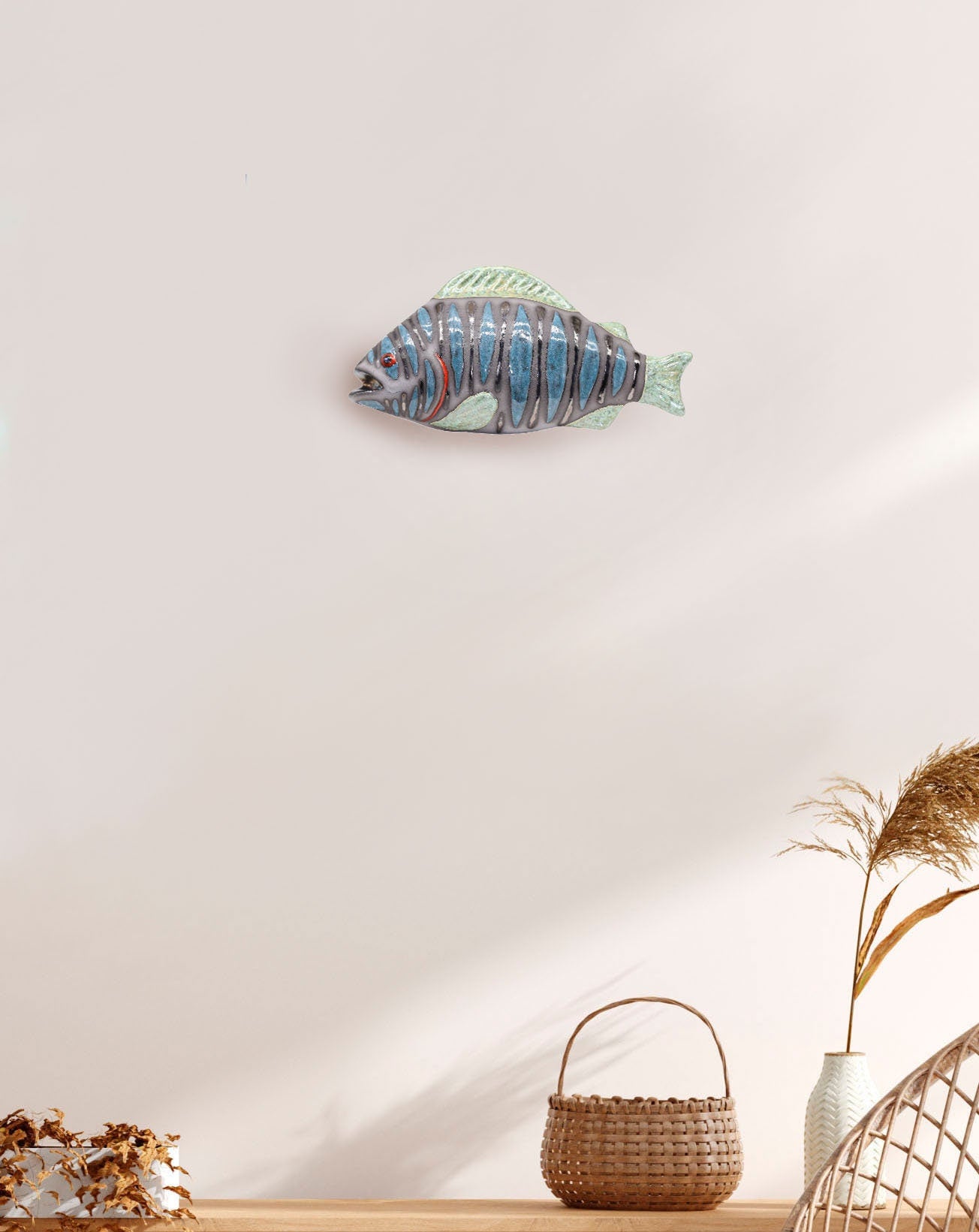 Blue Ceramic Fish Sculpture Wall Decor Art