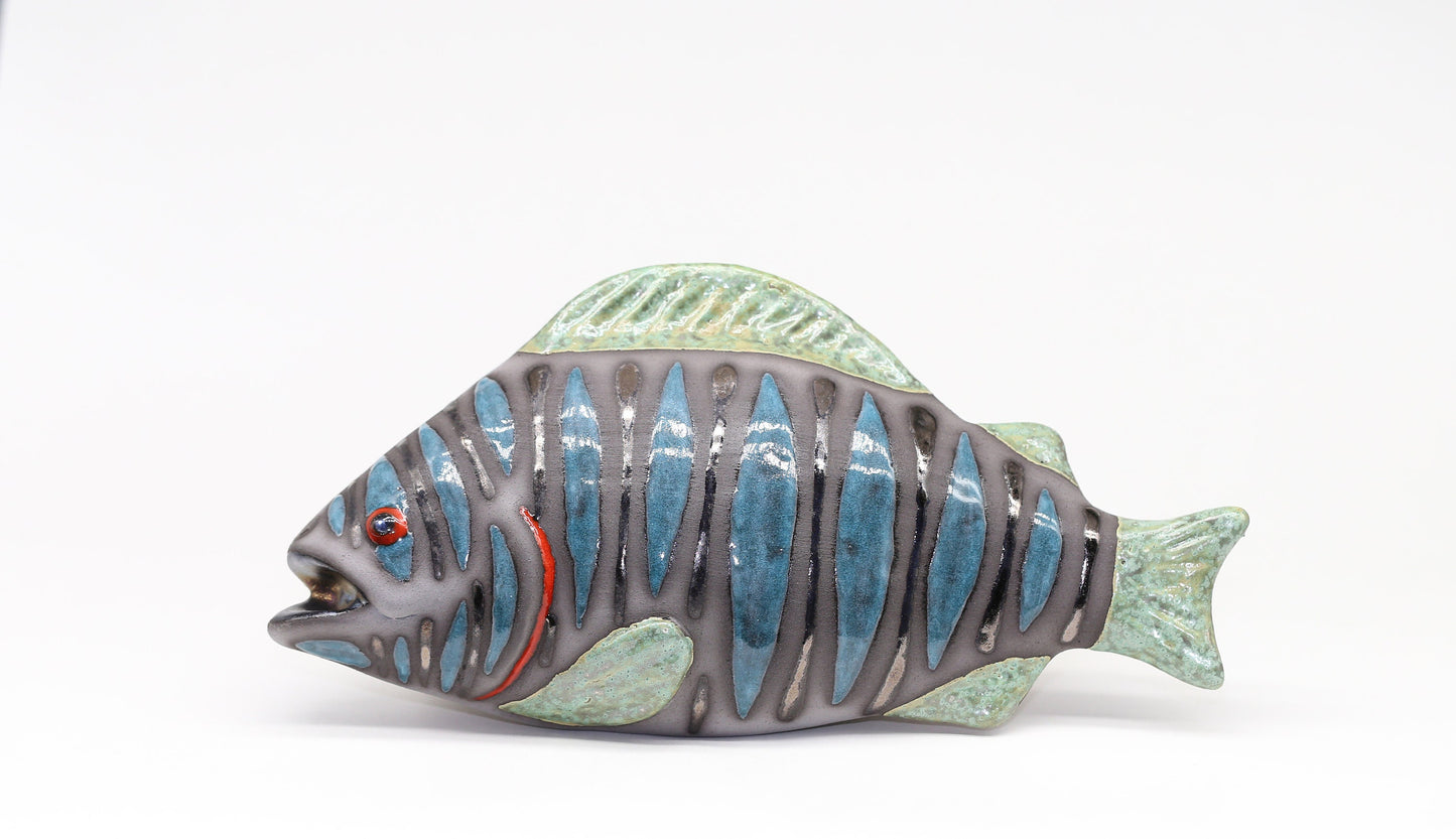 Blue Ceramic Fish Sculpture Wall Decor Art