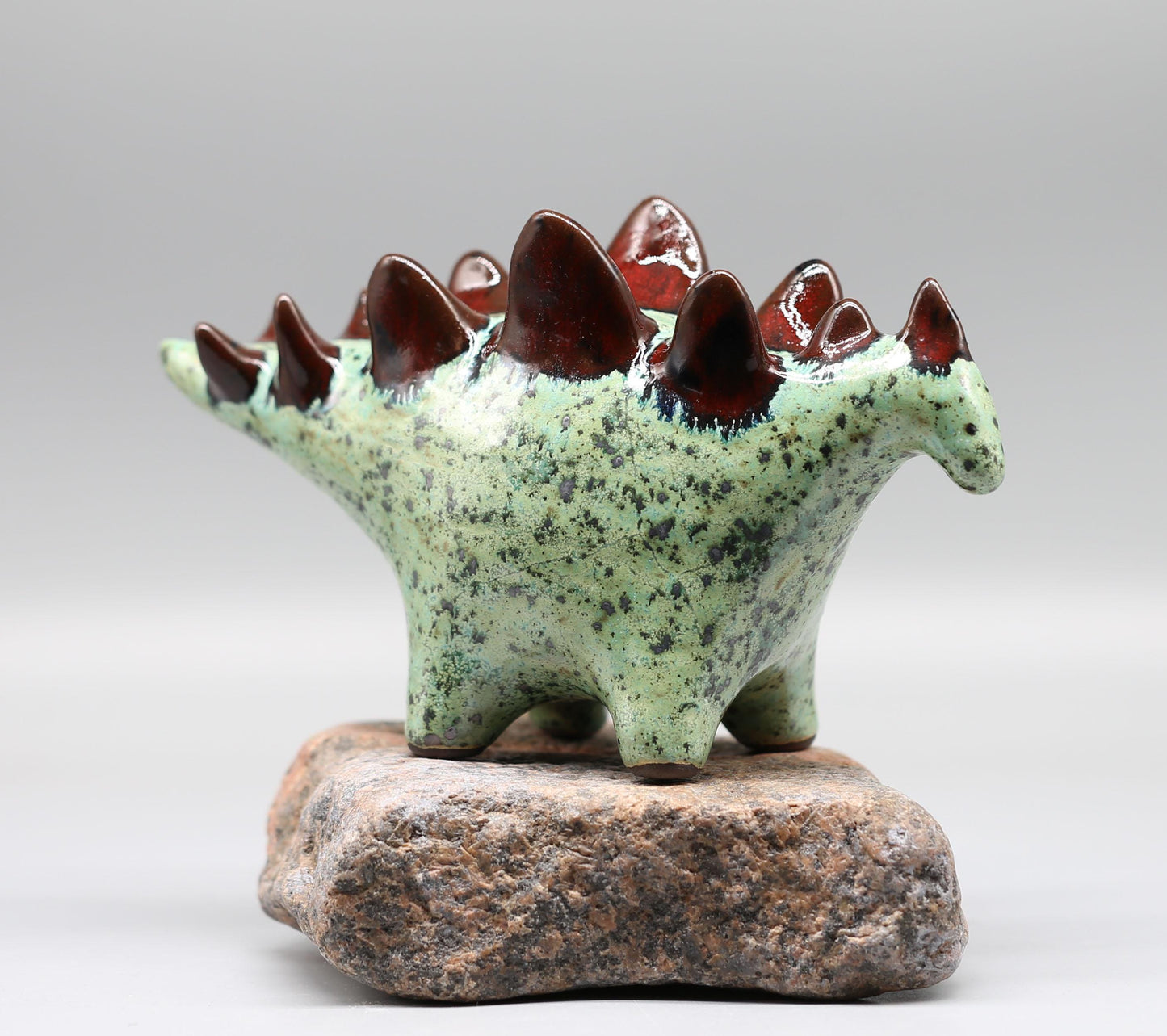 Handmade Ceramic Stegosaurus Sculpture: Mint Green - Red Art Object