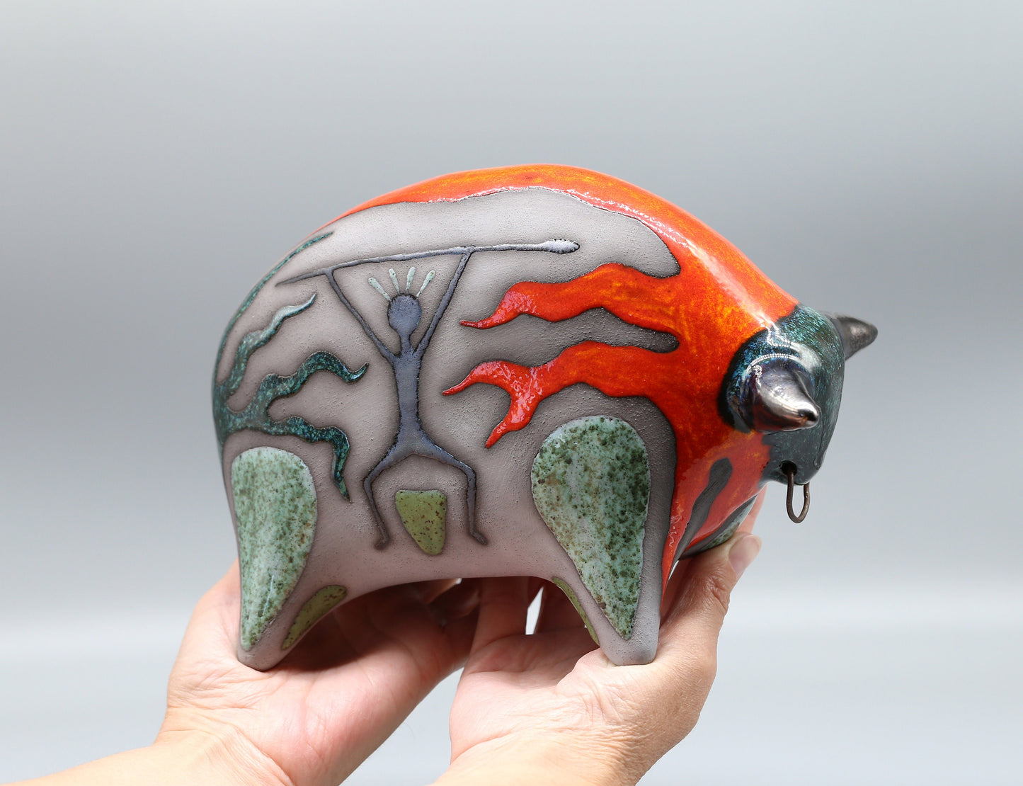 Handmade Ceramic Bull Sculpture: Black Glazed Clay Figurine