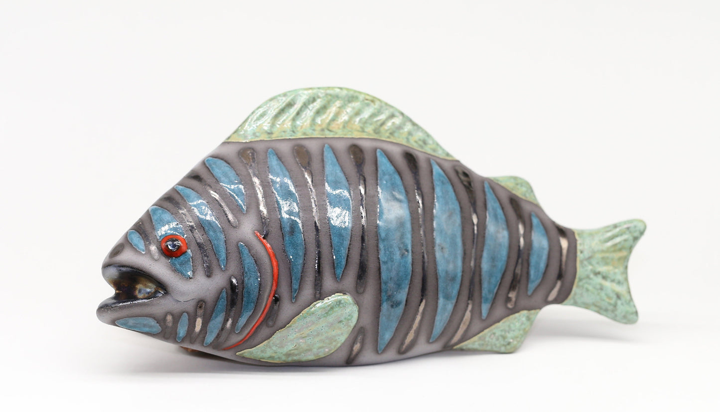 Blue Ceramic Fish Sculpture Wall Decor Art