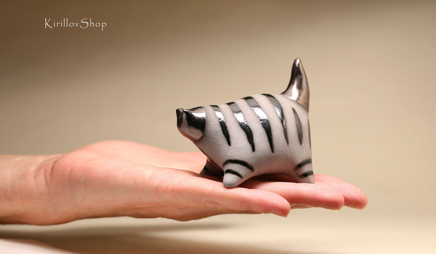 Ceramic Cat Sculpture, Black Little Kitten, Tabletop Figurine, Handmade Pottery, Cat Lover Gift