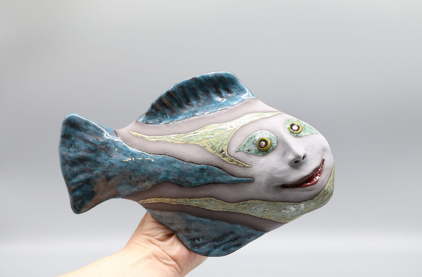 Ceramic fish wall hanging, fish wall Art sculpture, Human face, MADE TO ORDER