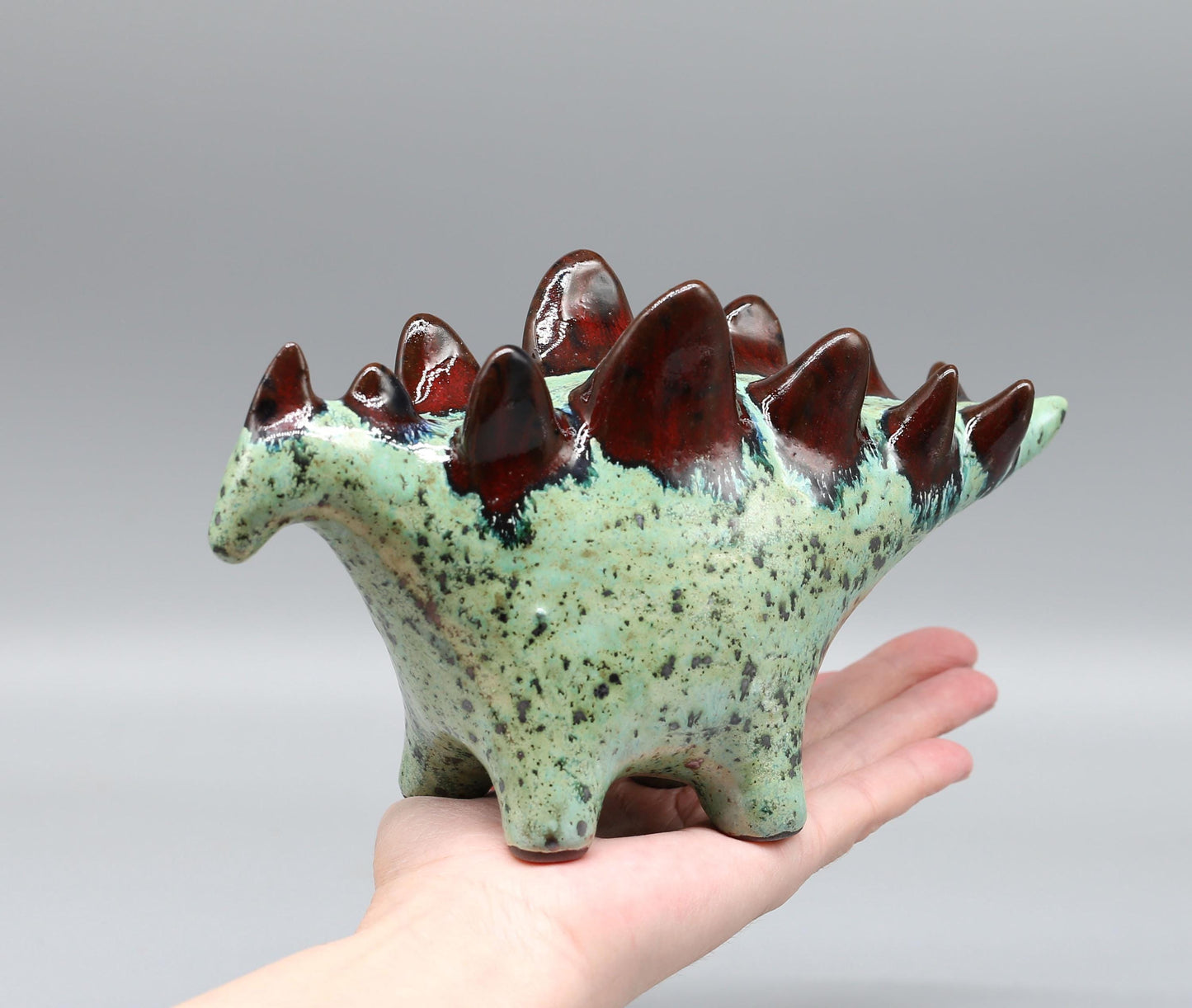 Handmade Ceramic Stegosaurus Sculpture: Mint Green - Red Art Object