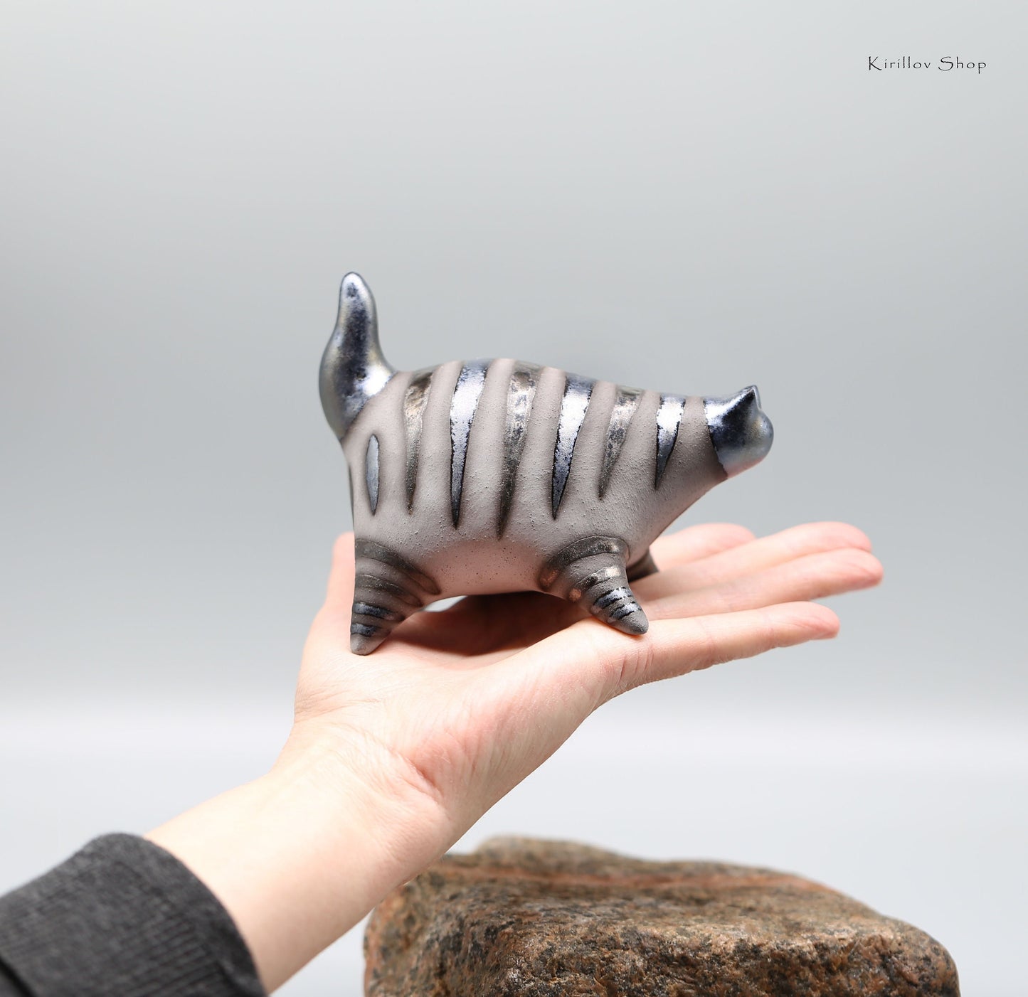 Handmade Ceramic Cat Sculpture: Bronze Glaze, Modern Home Decor