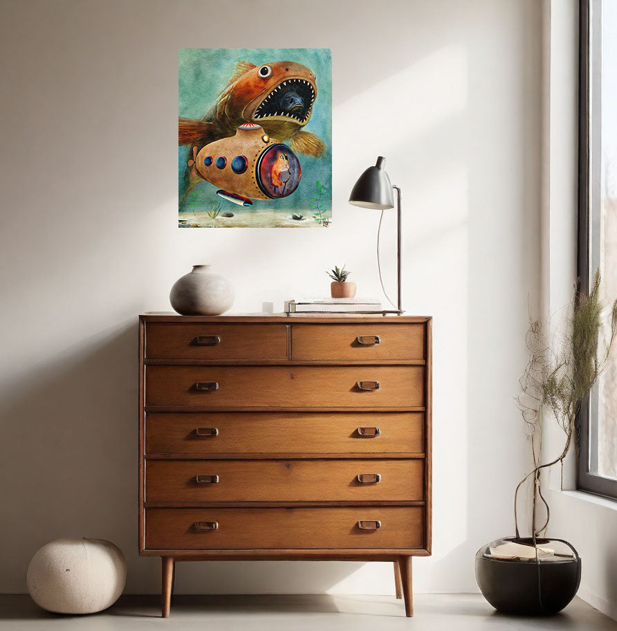 Surreal Underwater Art Print – Cat in Submarine, Giant Fish Fantasy Illustration, Whimsical Ocean Digital Download