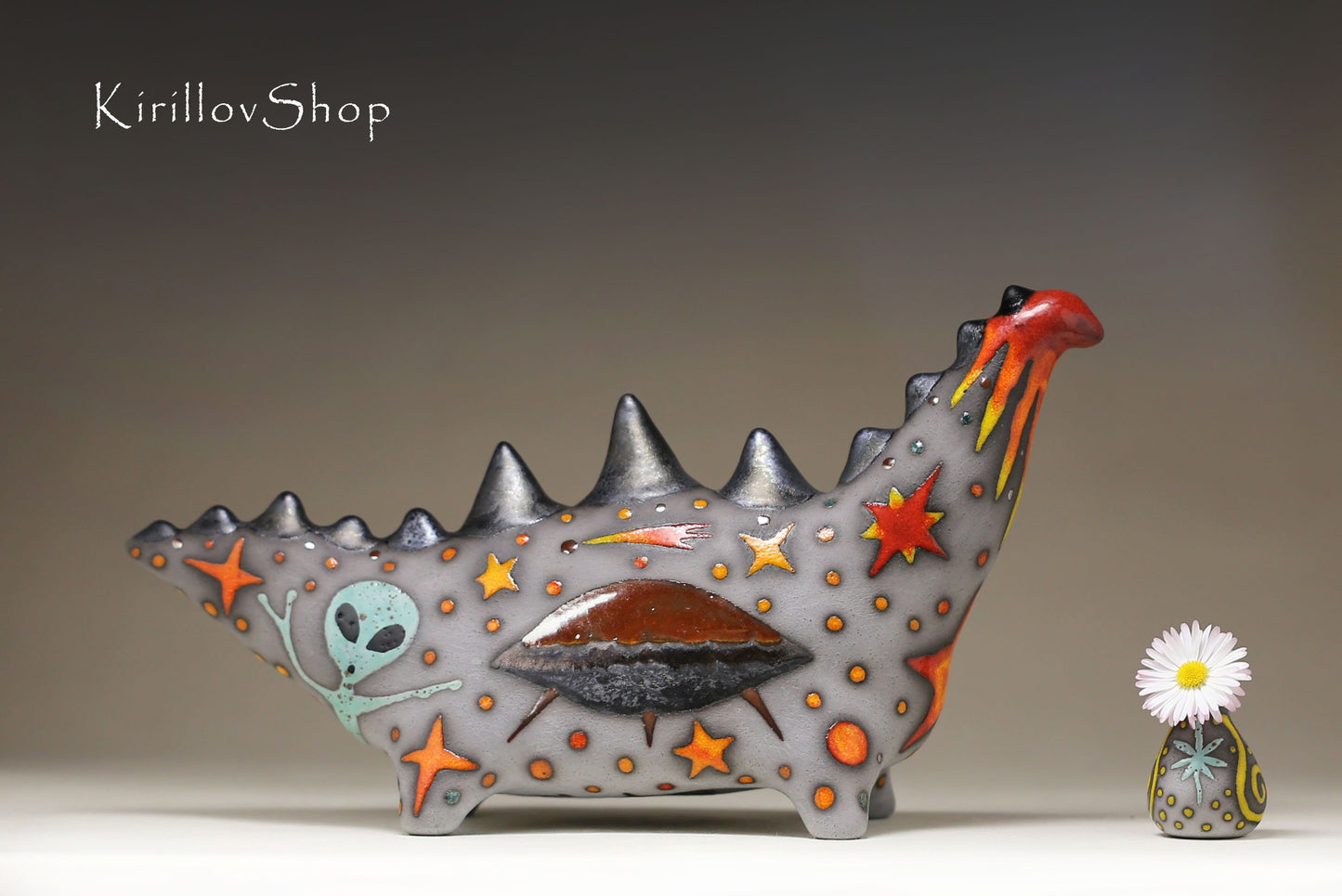 Ceramic sculpture Dinosaur, Interior decor, Handmade Dragon, Hand painted figure, Ufo, Fantasy sculpture, Clay Art, MADE TO ORDER