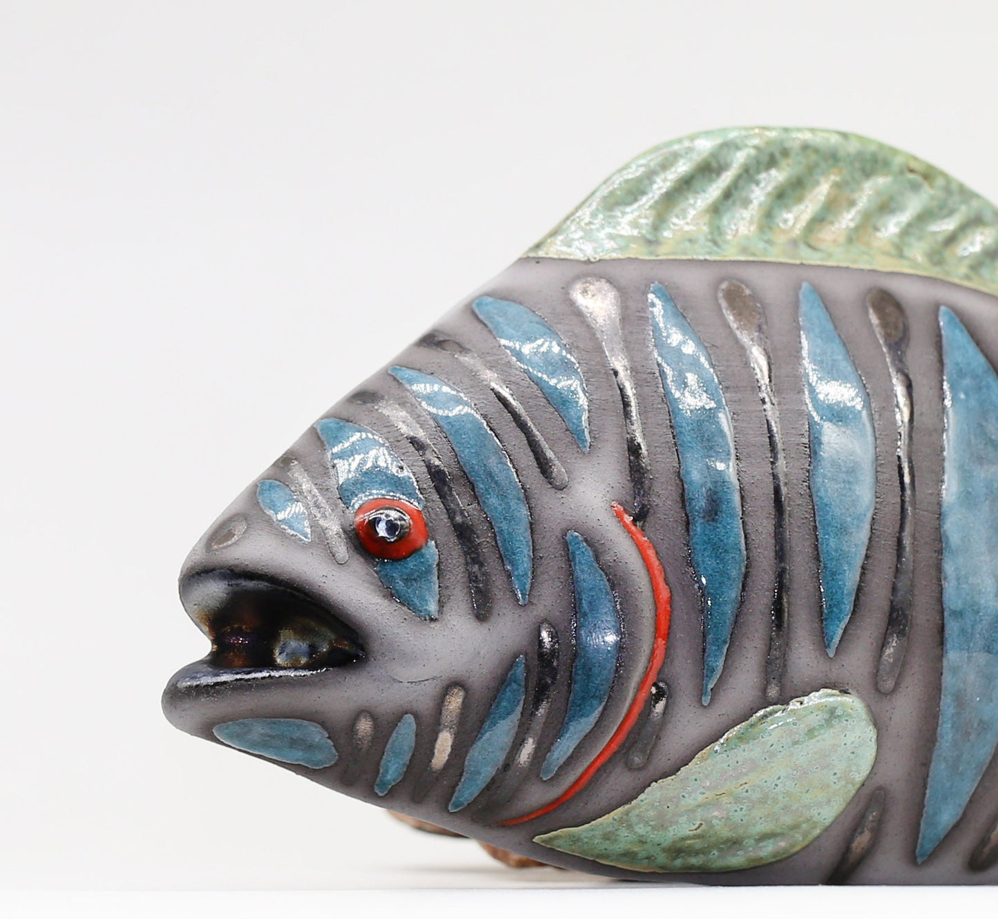 Blue Ceramic Fish Sculpture Wall Decor Art