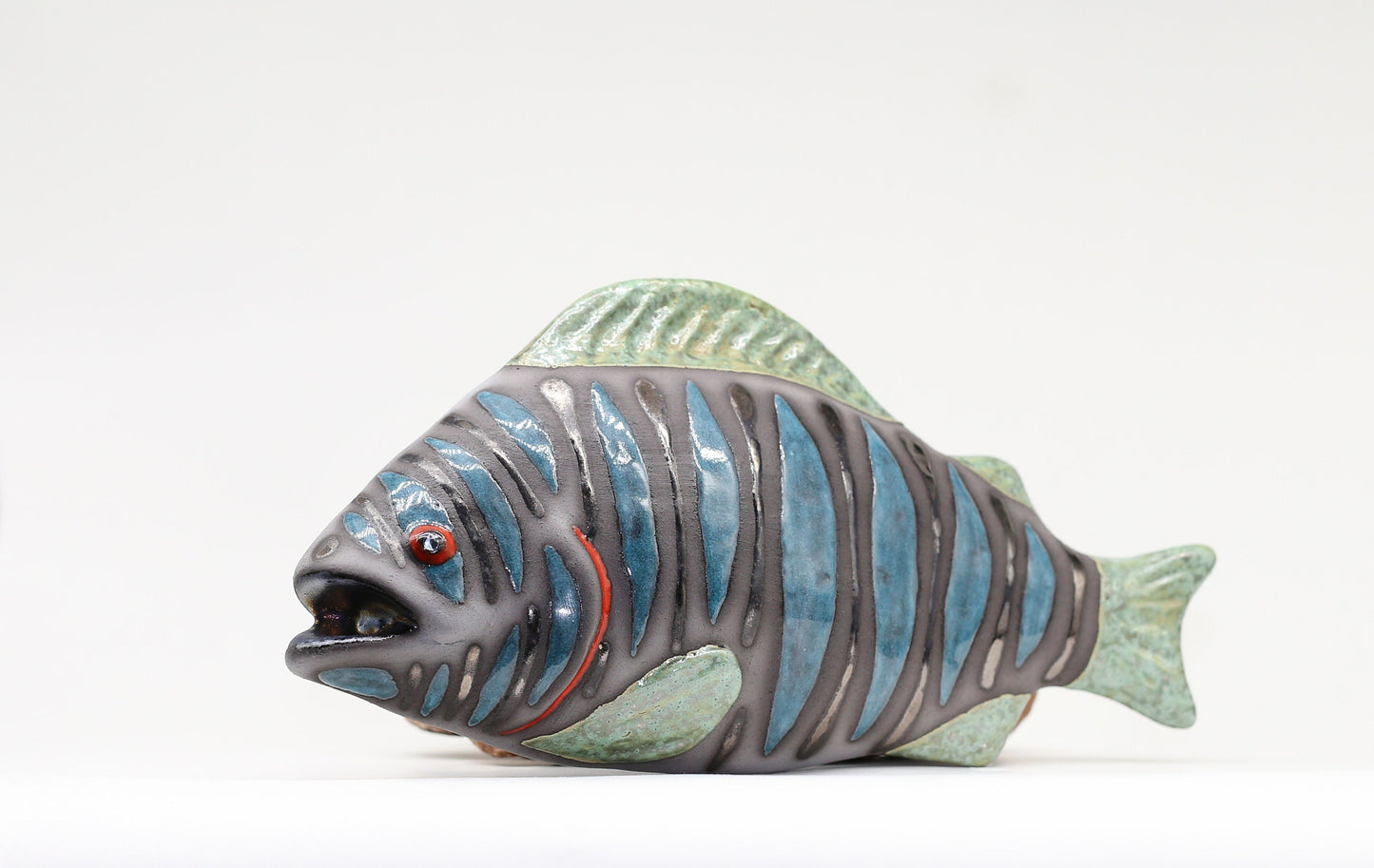 Blue Ceramic Fish Sculpture Wall Decor Art