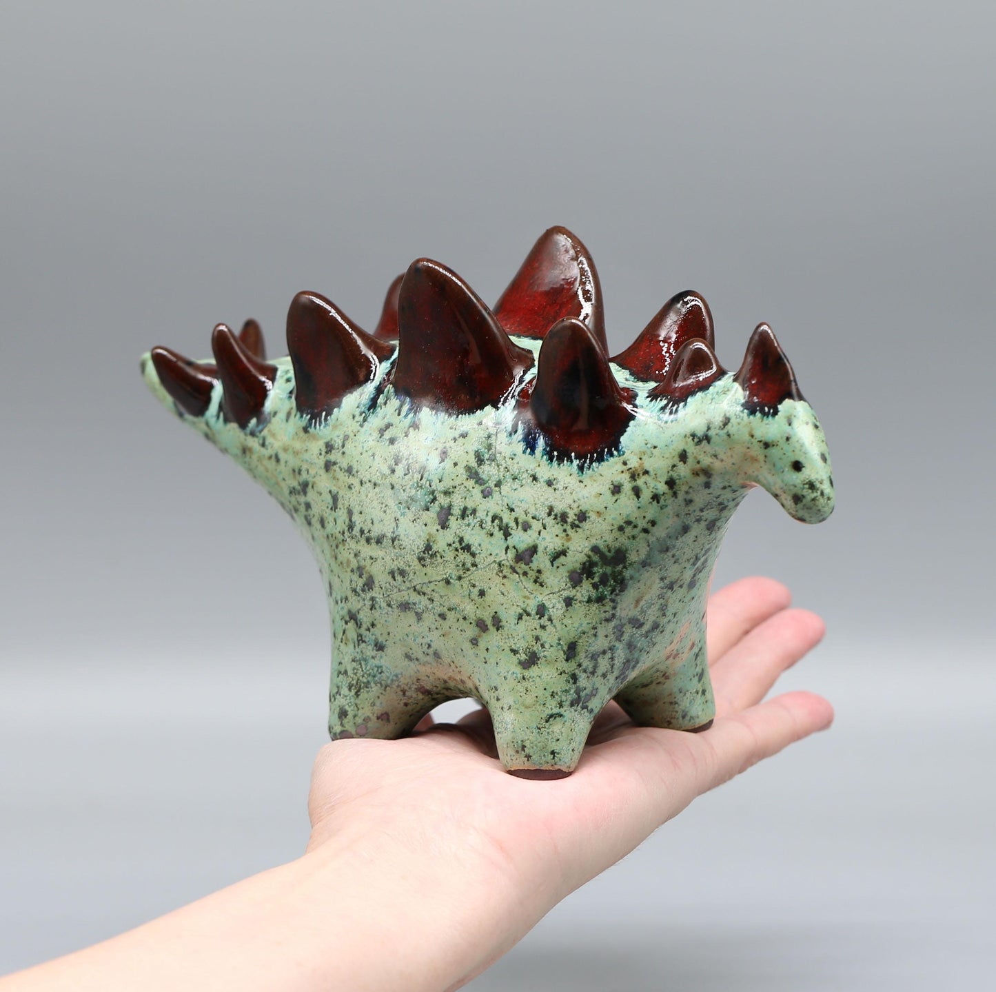 Handmade Ceramic Stegosaurus Sculpture: Mint Green - Red Art Object