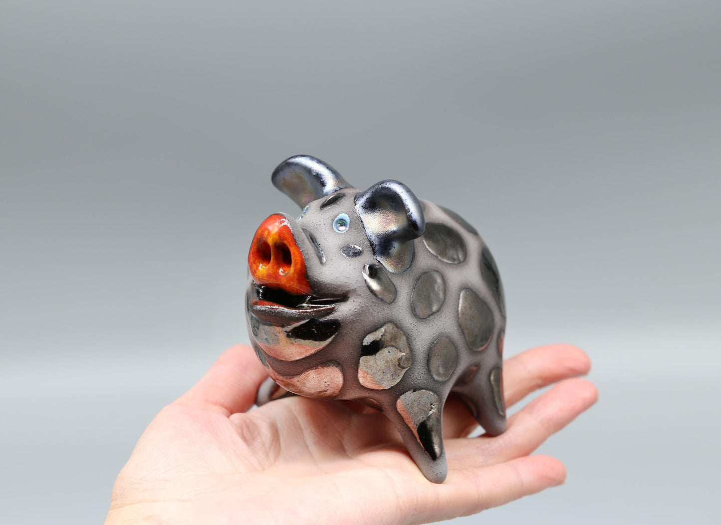 Pig ceramic sculpture, funny black pig figurine, artwork