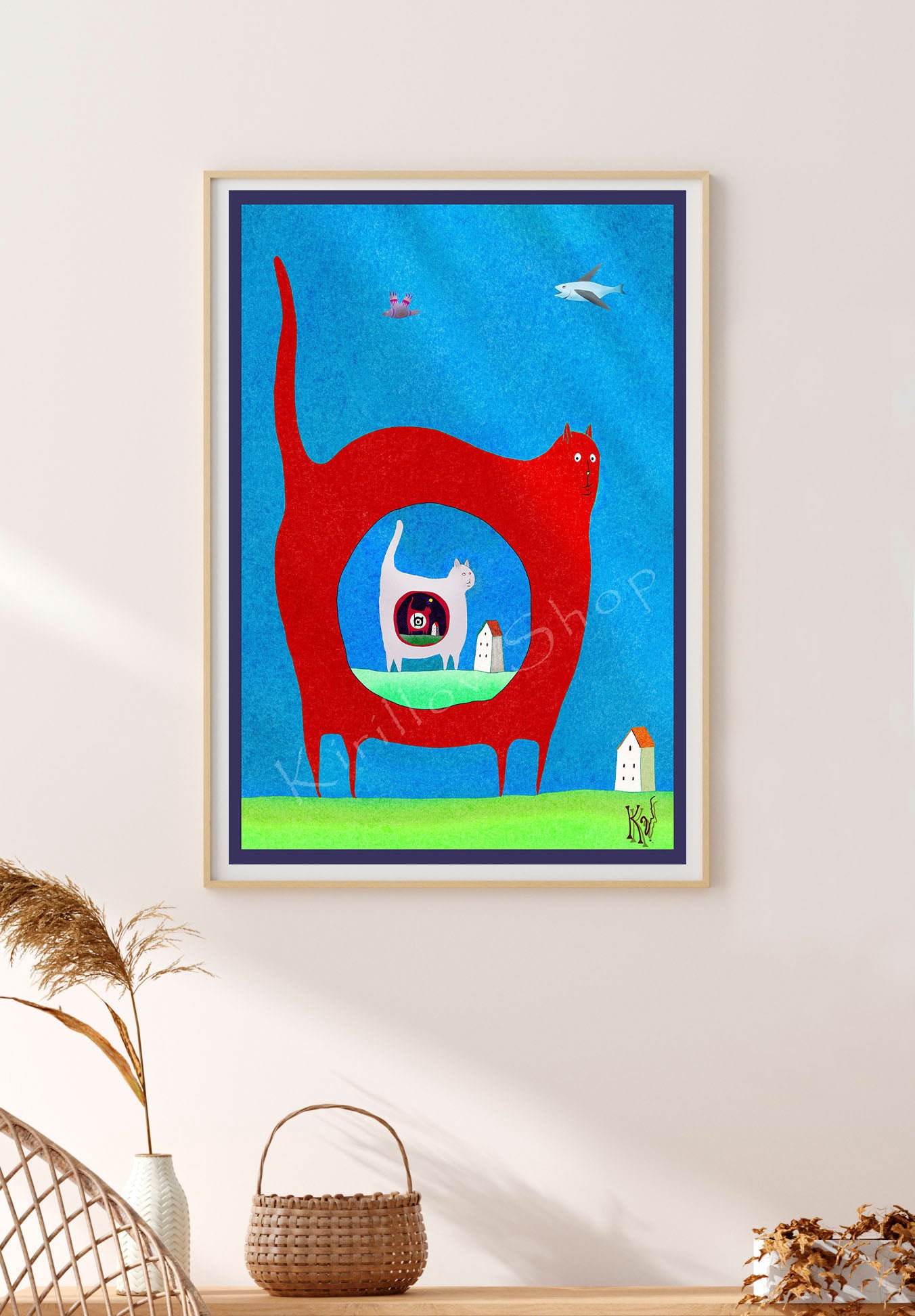 Printable Wall Art — Surreal Cat Illustration, Whimsical Digital Artwork, Instant Download