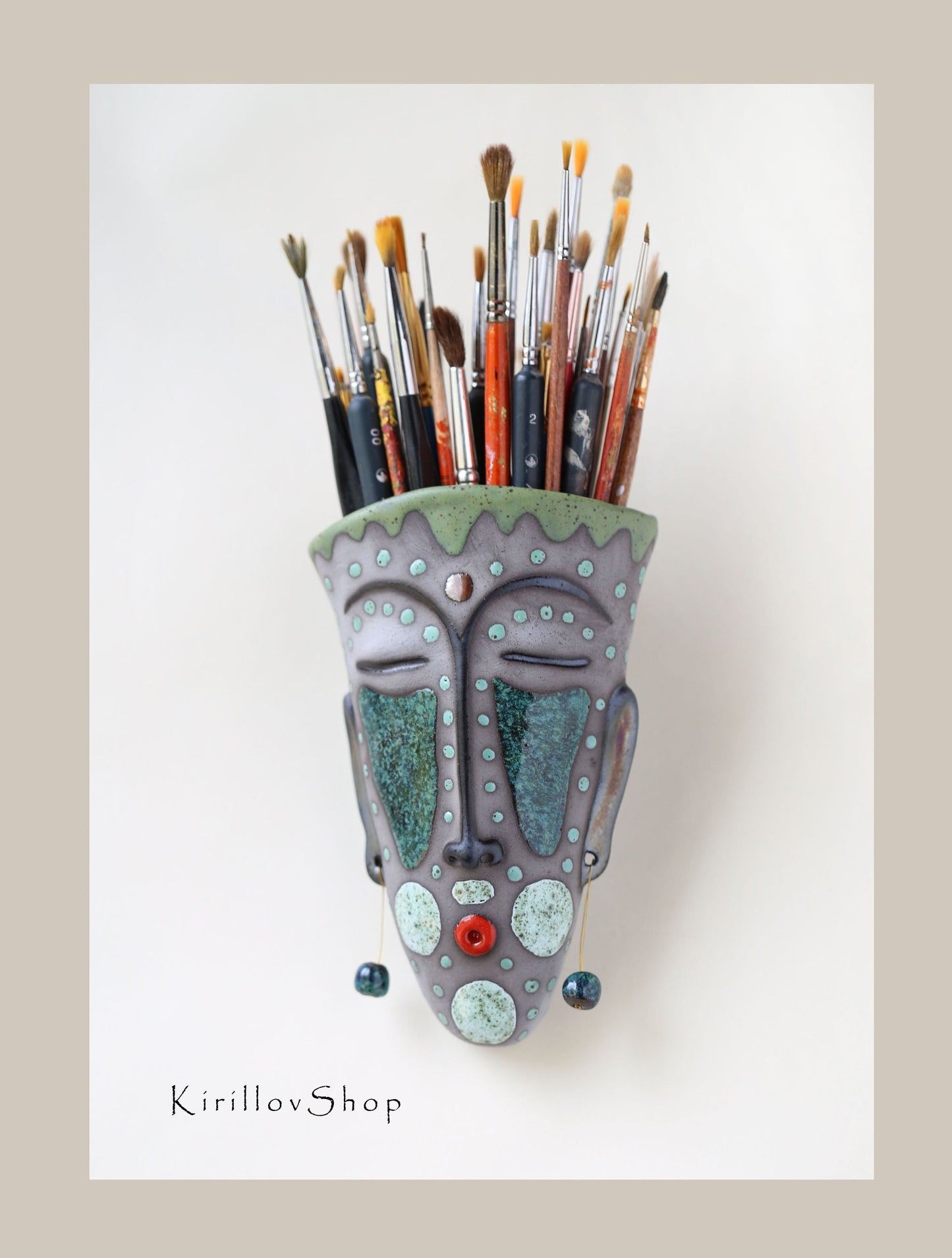Handmade Ceramic Wall Vase – Face Sculpture with Beads