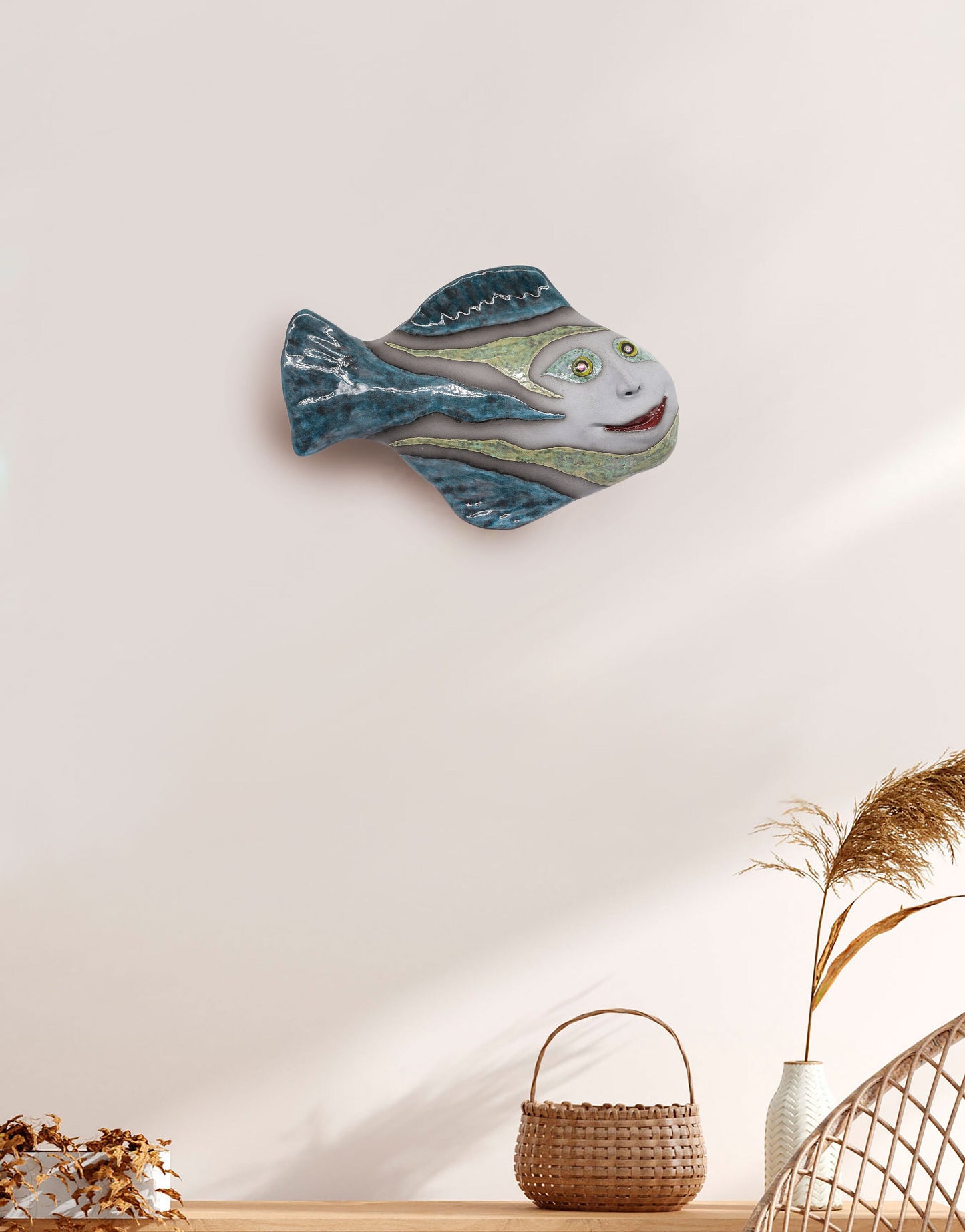 Ceramic fish wall hanging, fish wall Art sculpture, Human face, MADE TO ORDER