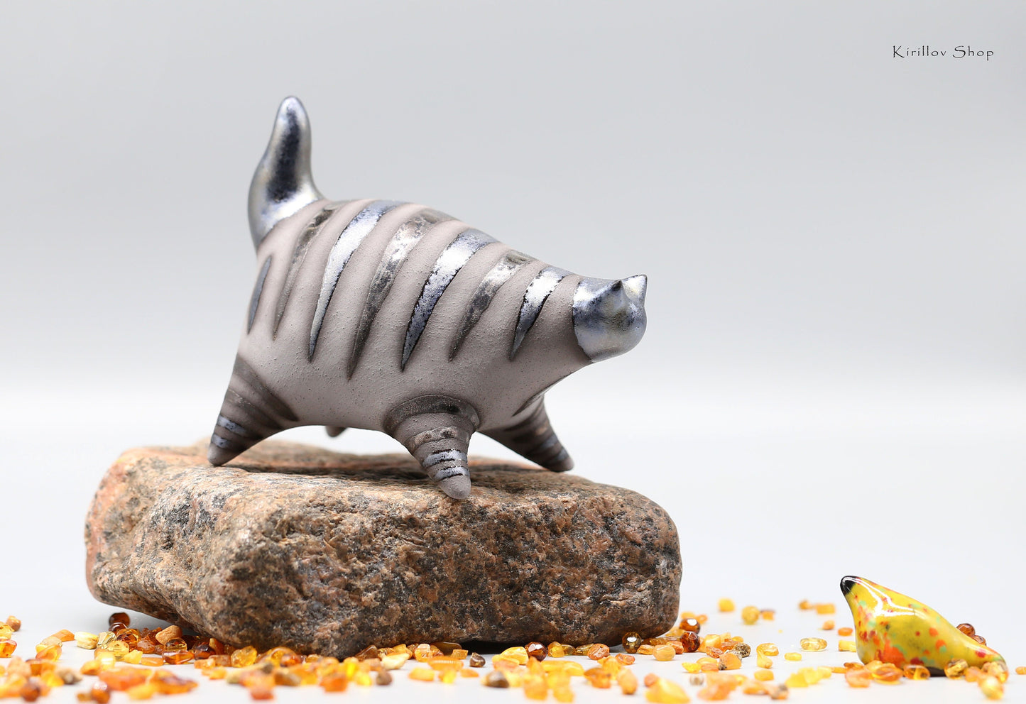 Handmade Ceramic Cat Sculpture: Bronze Glaze, Modern Home Decor