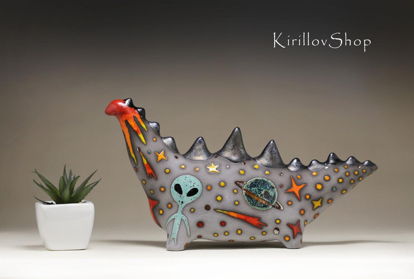 Ceramic sculpture Dinosaur, Interior decor,  Handmade Dragon, Hand painted figure, Ufo, Fantasy sculpture, Clay Art, MADE TO ORDER