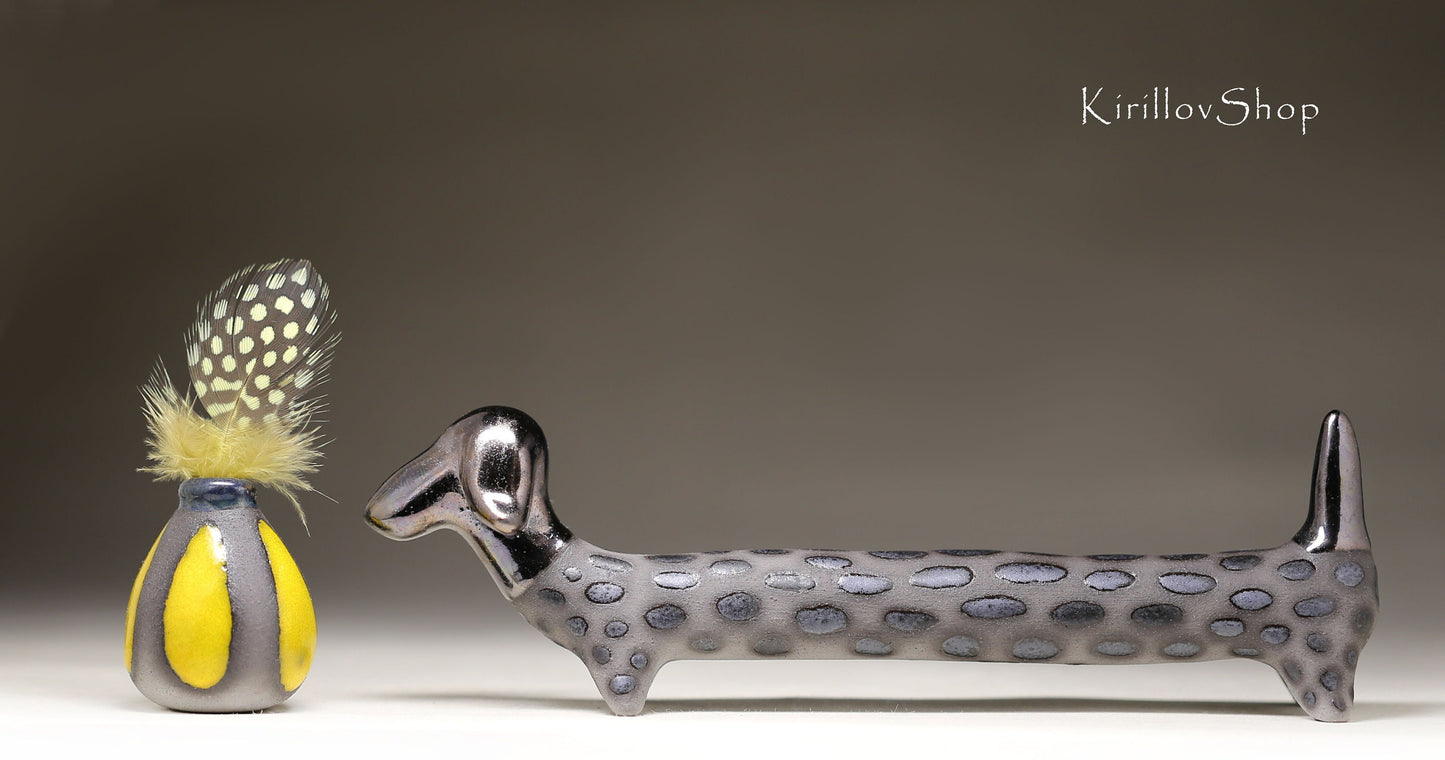 Ceramic sculpture Dog, Long dachshund,  Table decoration, Figurine for collection or for dog lovers, Black dog, Made to order
