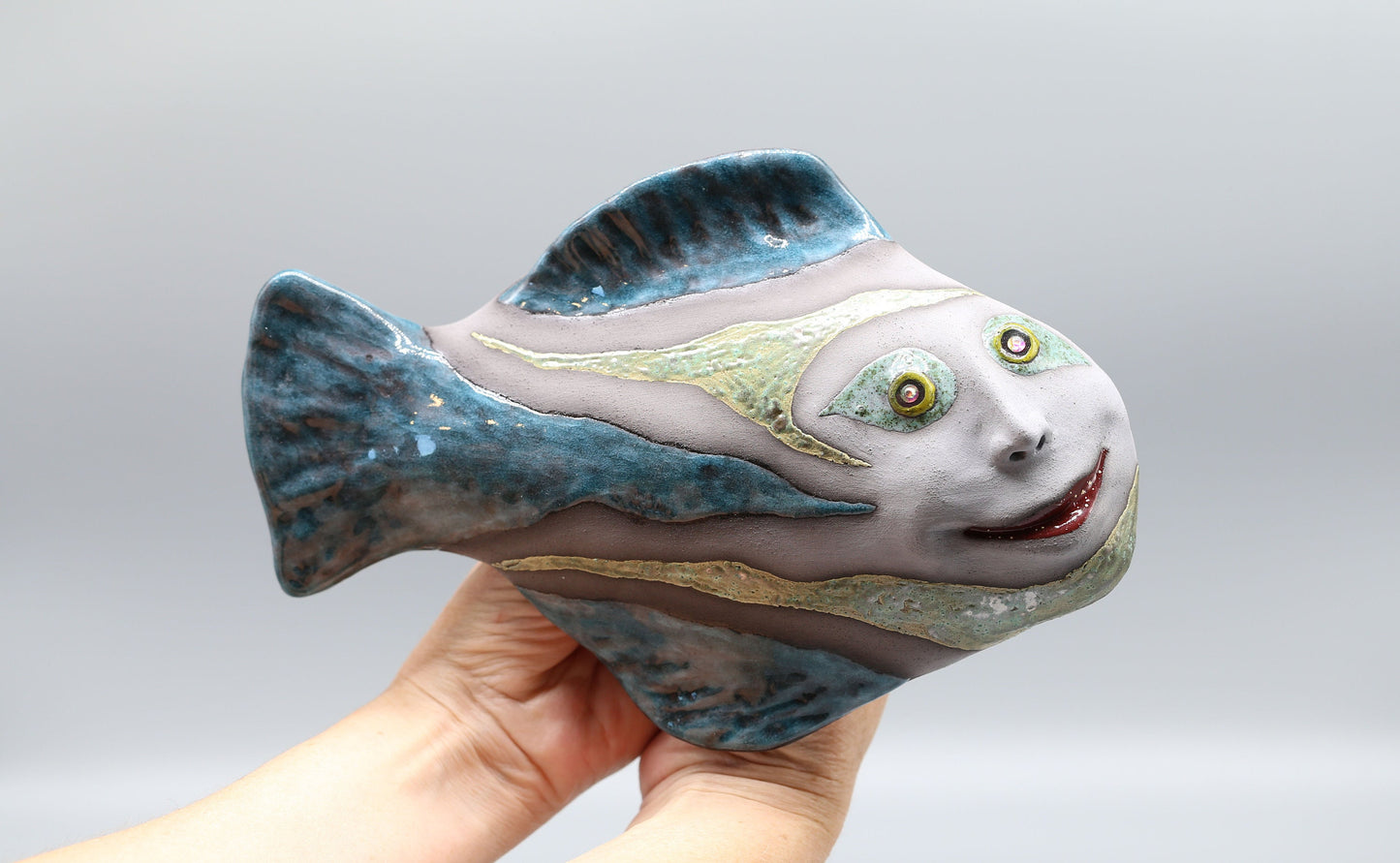Ceramic fish wall hanging, fish wall Art sculpture, Human face, MADE TO ORDER