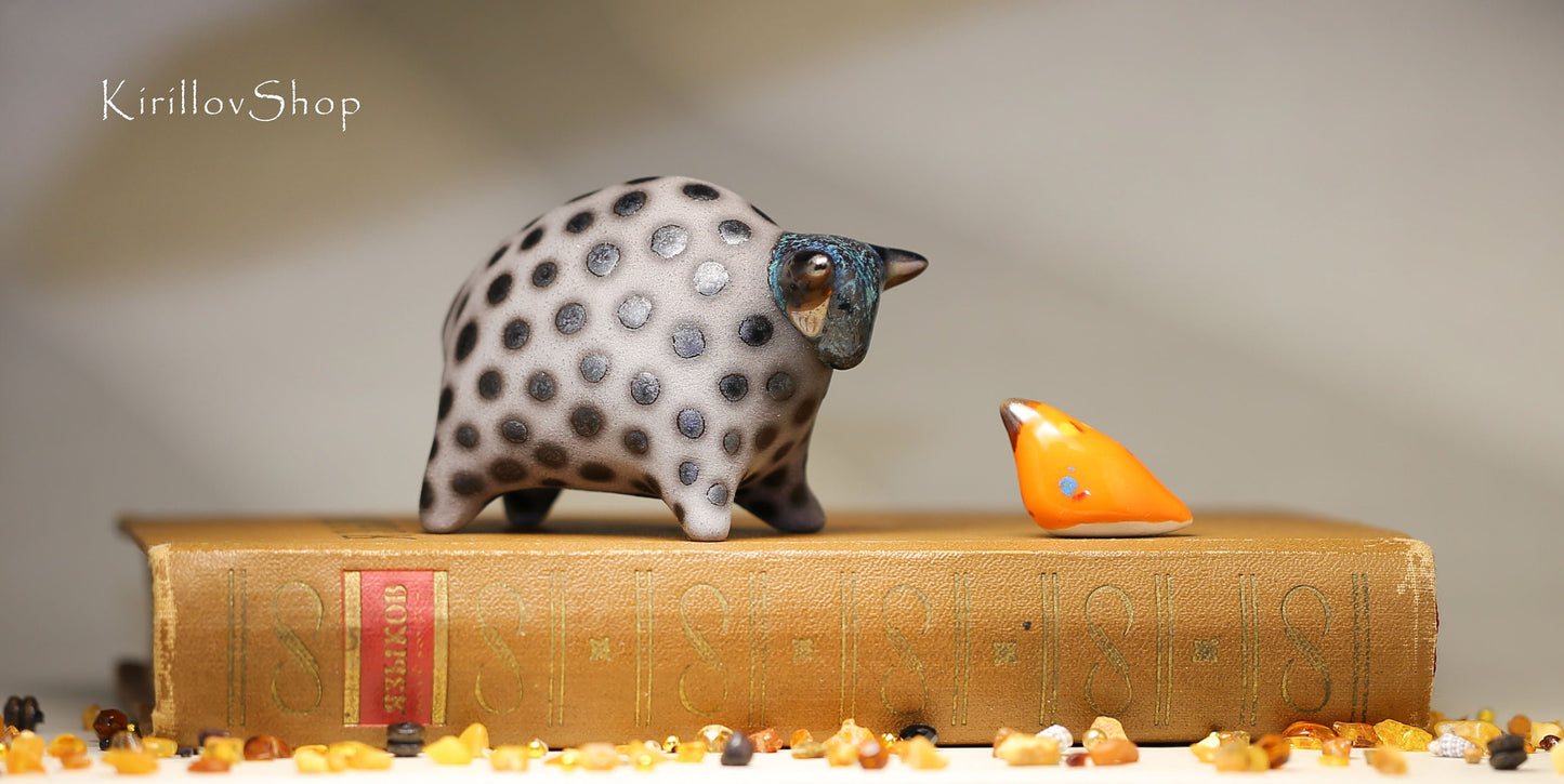 Bull figurine, small ceramic sculpture, miniature black bull, handmade , art figurine for table decoration or as a gift, Made to Order
