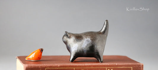 Small black cat handmade ceramic sculpture cat for table decoration or as a unique gift