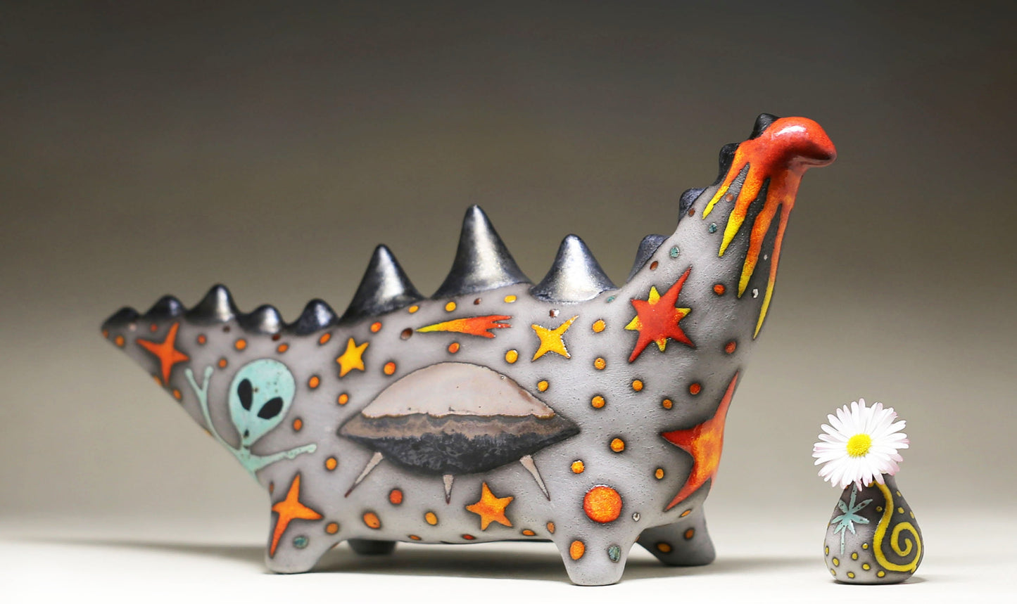 Ceramic sculpture Dinosaur, Interior decor,  Handmade Dragon, Hand painted figure, Ufo, Fantasy sculpture, Clay Art, MADE TO ORDER