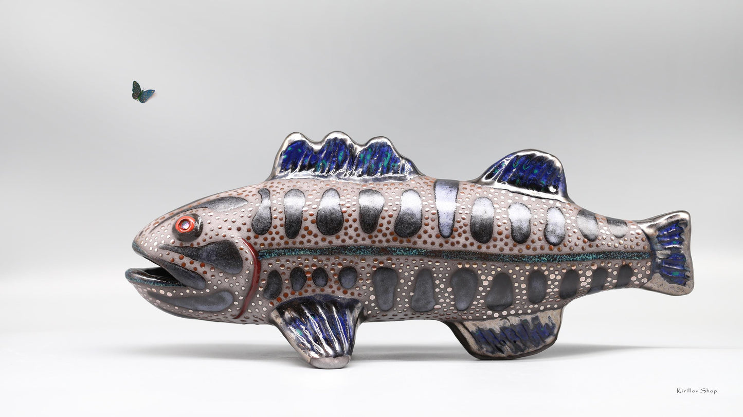 Handmade Ceramic Smallmouth Bass Sculpture: Modern Fish Art Figurine