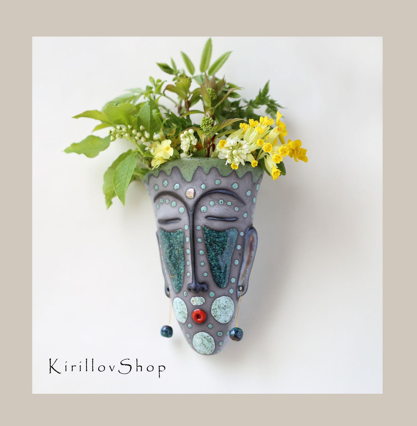 Handmade Ceramic Wall Vase – Face Sculpture with Beads