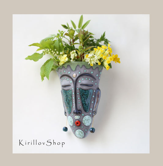Handmade Ceramic Wall Vase – Face Sculpture with Beads