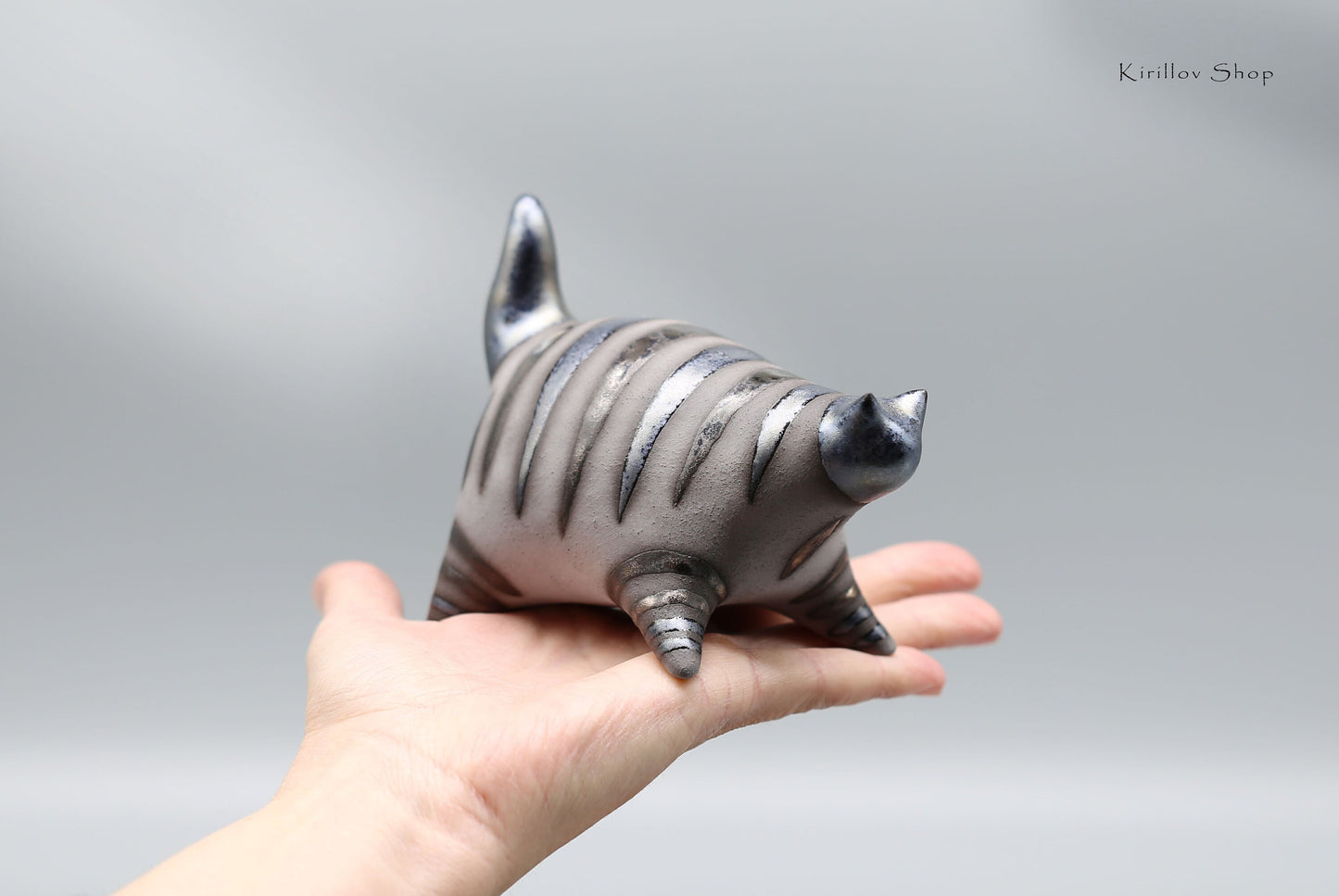 Handmade Ceramic Cat Sculpture: Bronze Glaze, Modern Home Decor