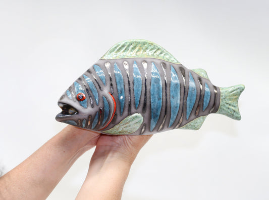 Blue Ceramic Fish Sculpture Wall Decor Art