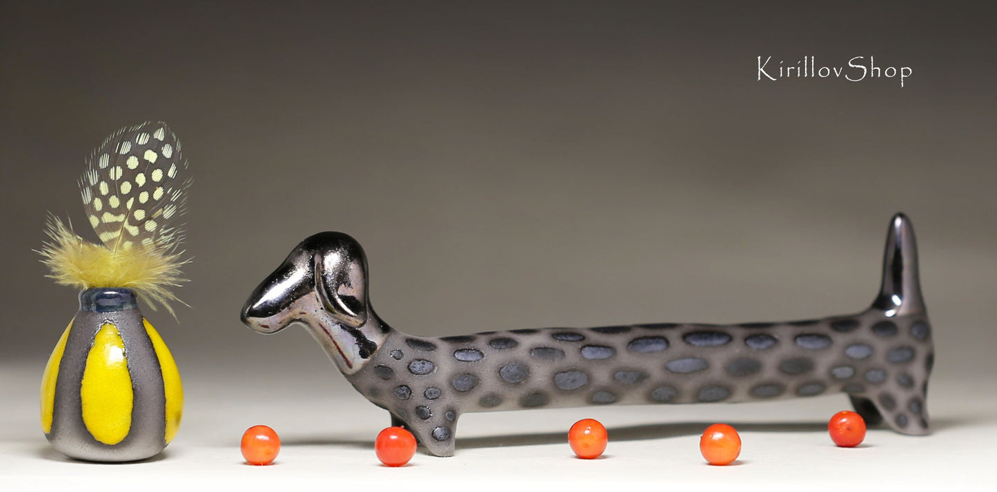Ceramic sculpture Dog, Long dachshund,  Table decoration, Figurine for collection or for dog lovers, Black dog, Made to order