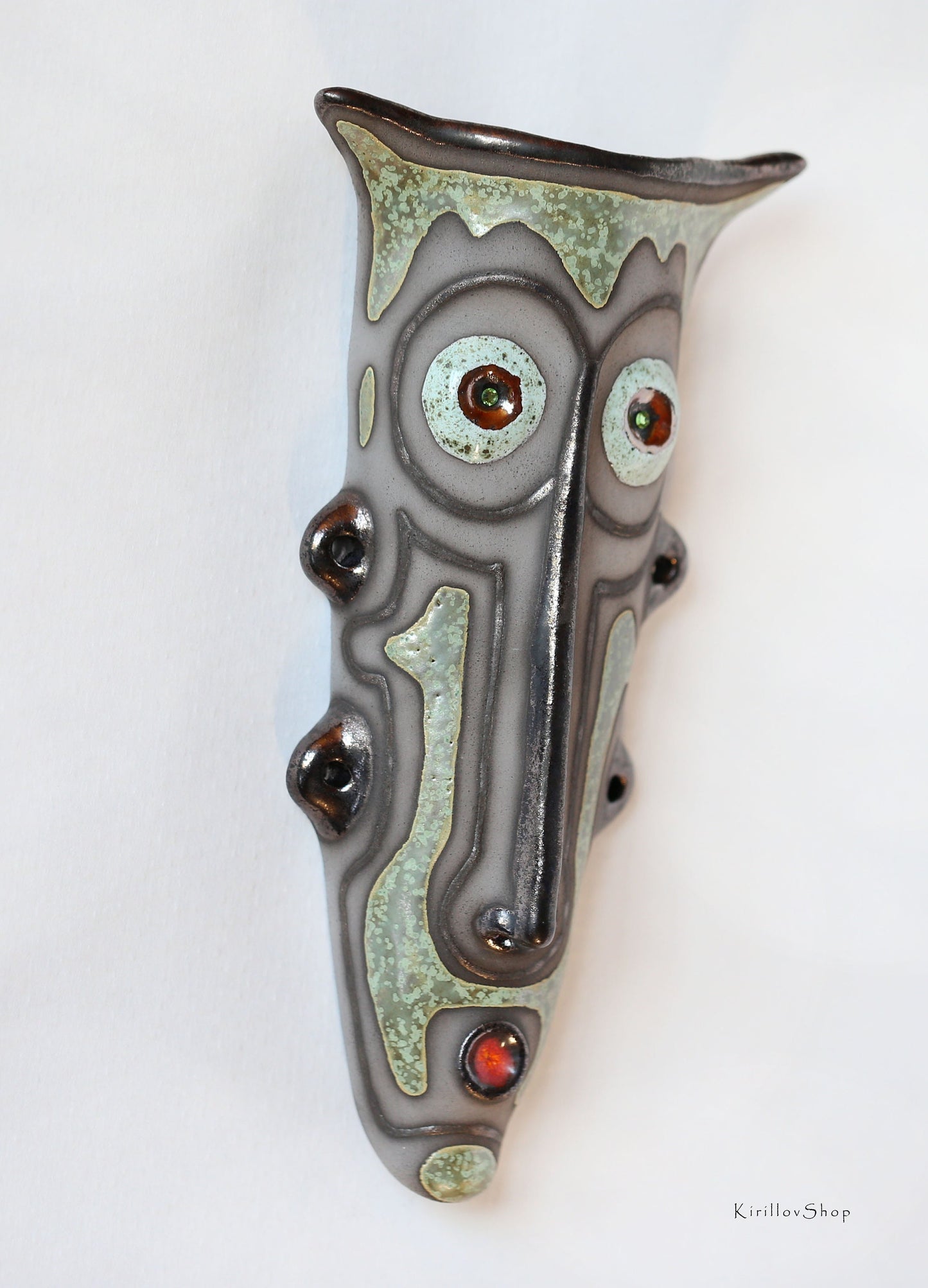 Handmade Ceramic Wall Mask: Unique Glazed Face Sculpture