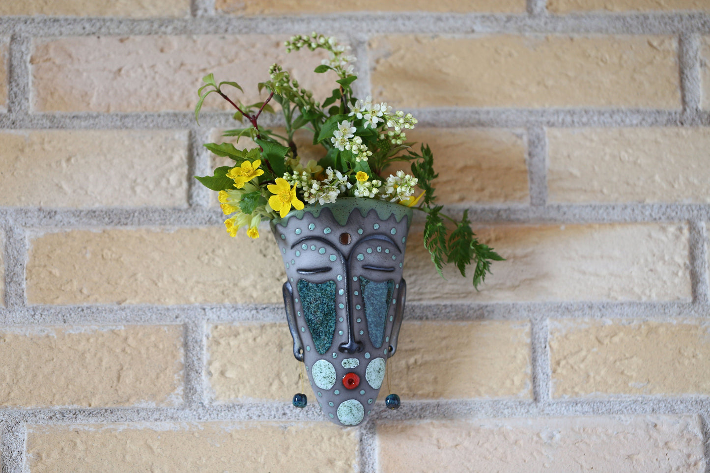 Handmade Ceramic Wall Vase – Face Sculpture with Beads