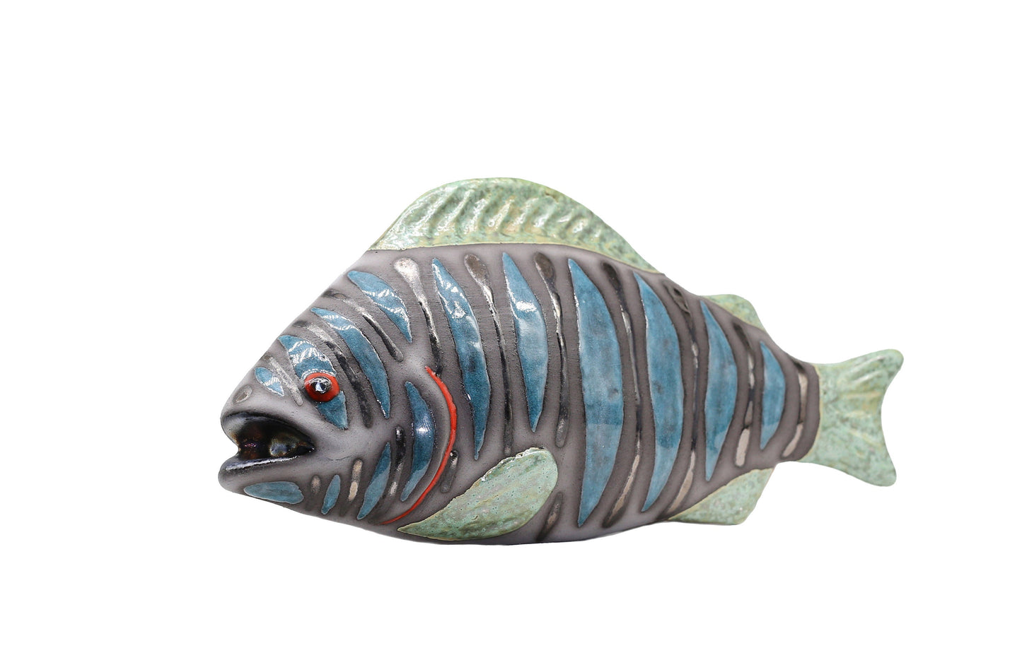 Blue Ceramic Fish Sculpture Wall Decor Art