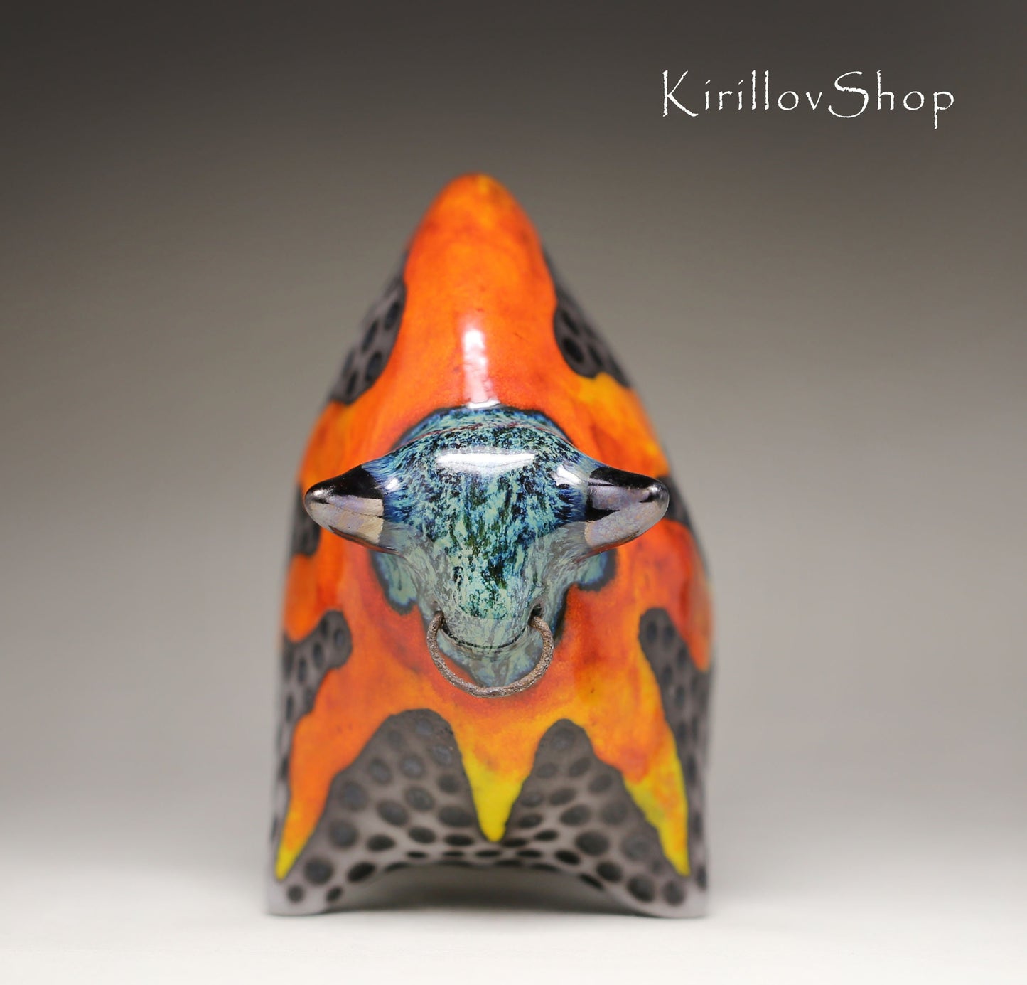 Handmade Ceramic Bull Sculpture: Bronze & Orange Glaze