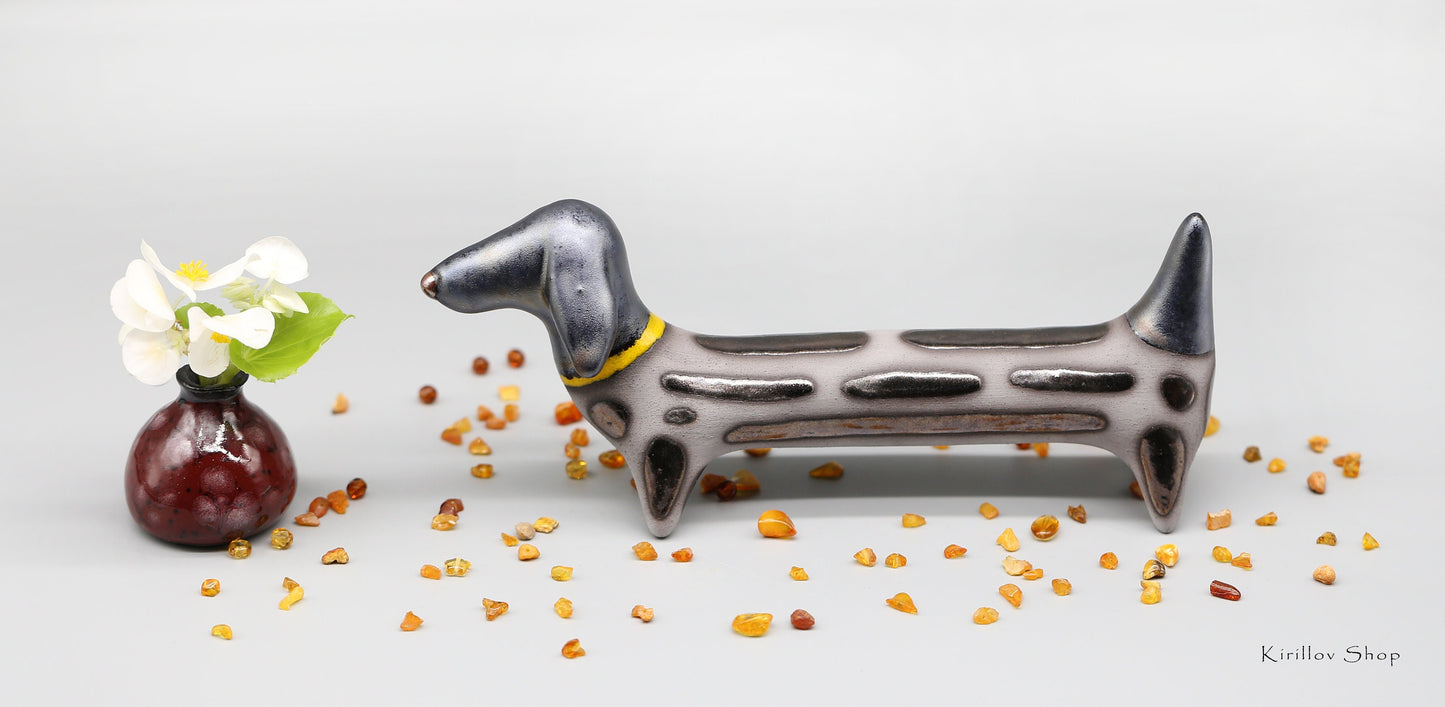 Ceramic figurine dog, Black dog dachshund sculpture, Table decoration, Handmade Art