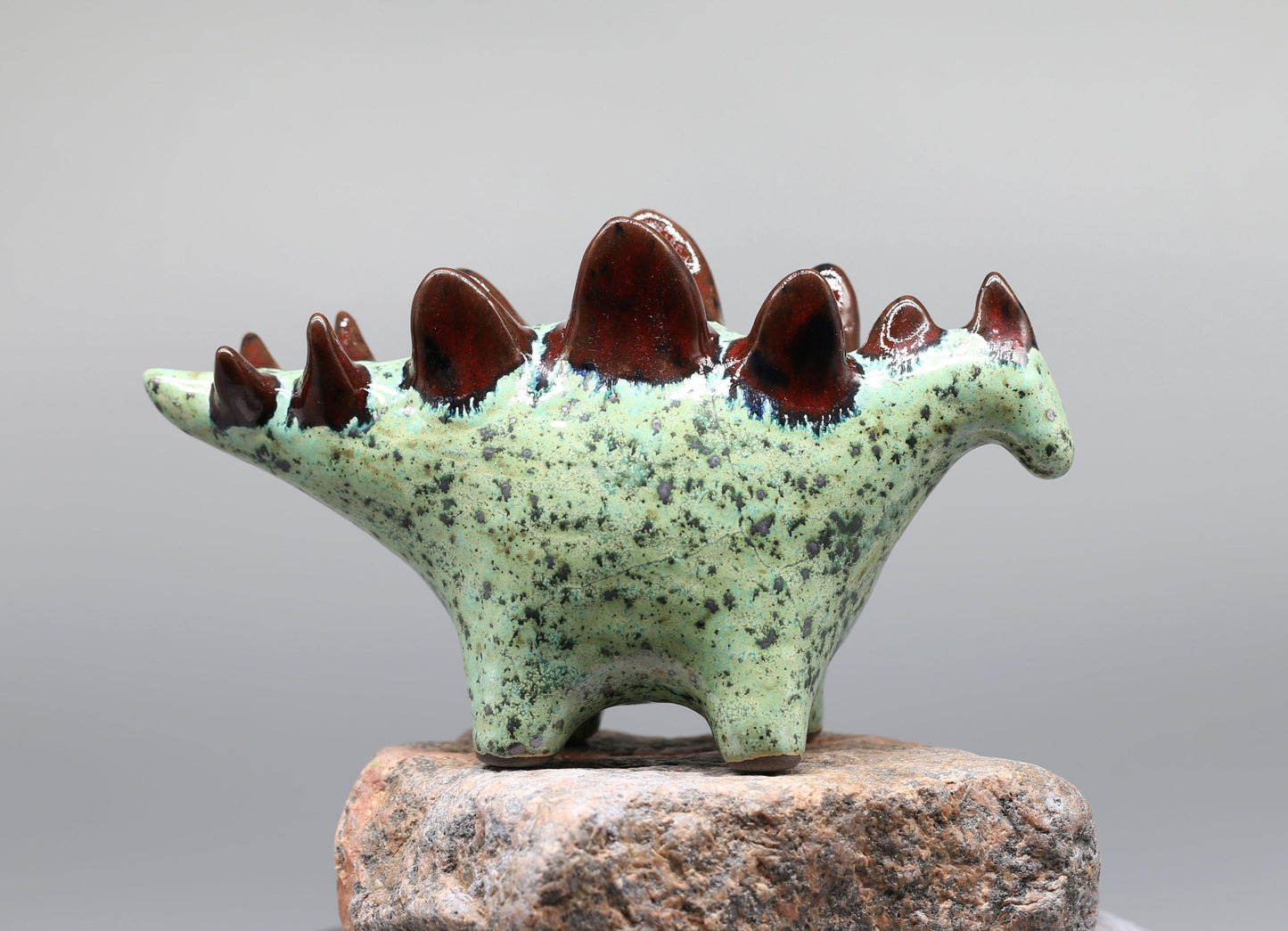 Handmade Ceramic Stegosaurus Sculpture: Mint Green -  Red Art Object