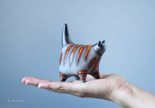Black cat sculpture, ceramic figurine, cute kitty statuette, small striped cat table decor, gift for cat lover, ring holder