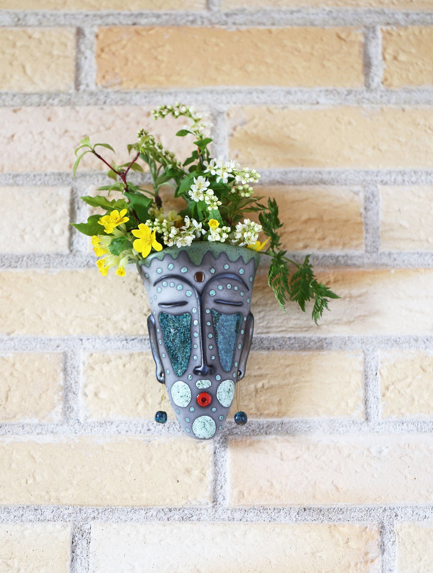Handmade Ceramic Wall Vase – Face Sculpture with Beads