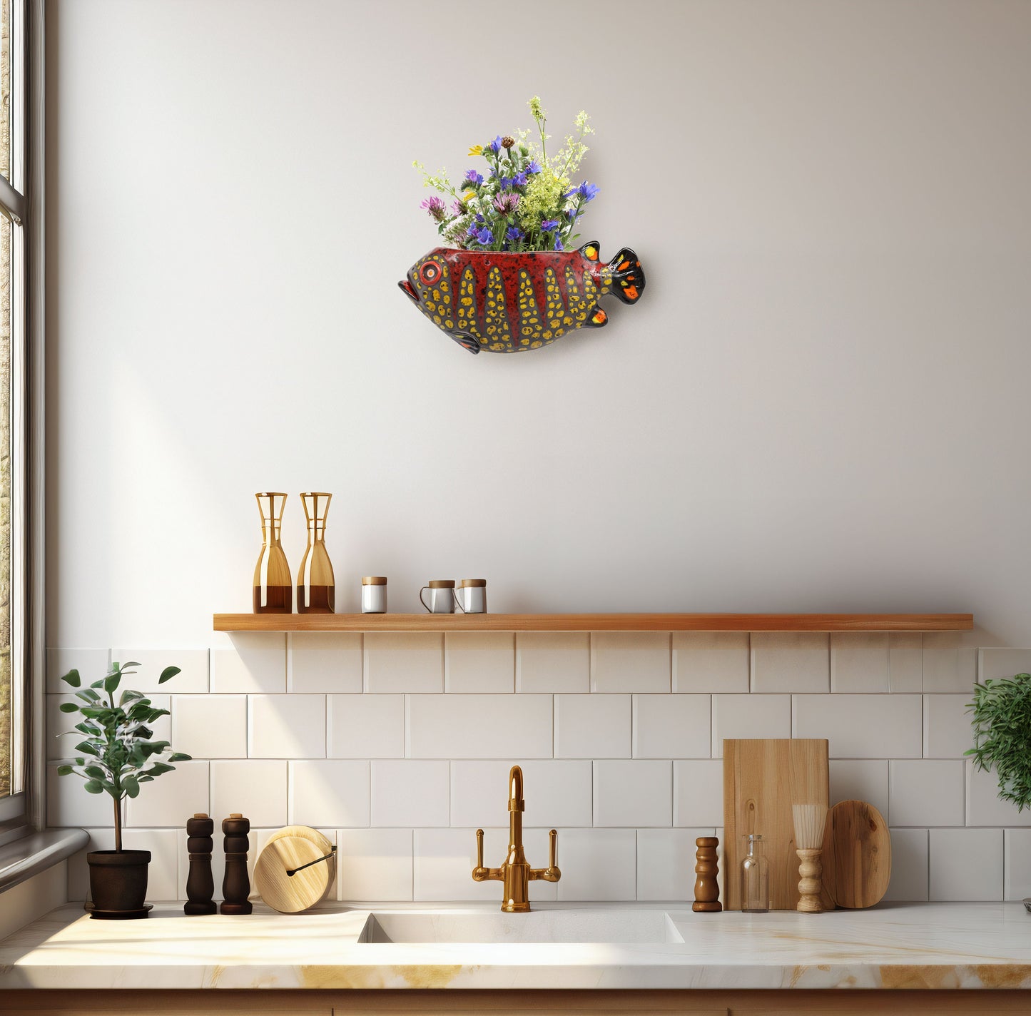 Ceramic fish wall hanging vase, unique handmade vase, wall sculpture, artwork, colorful fish