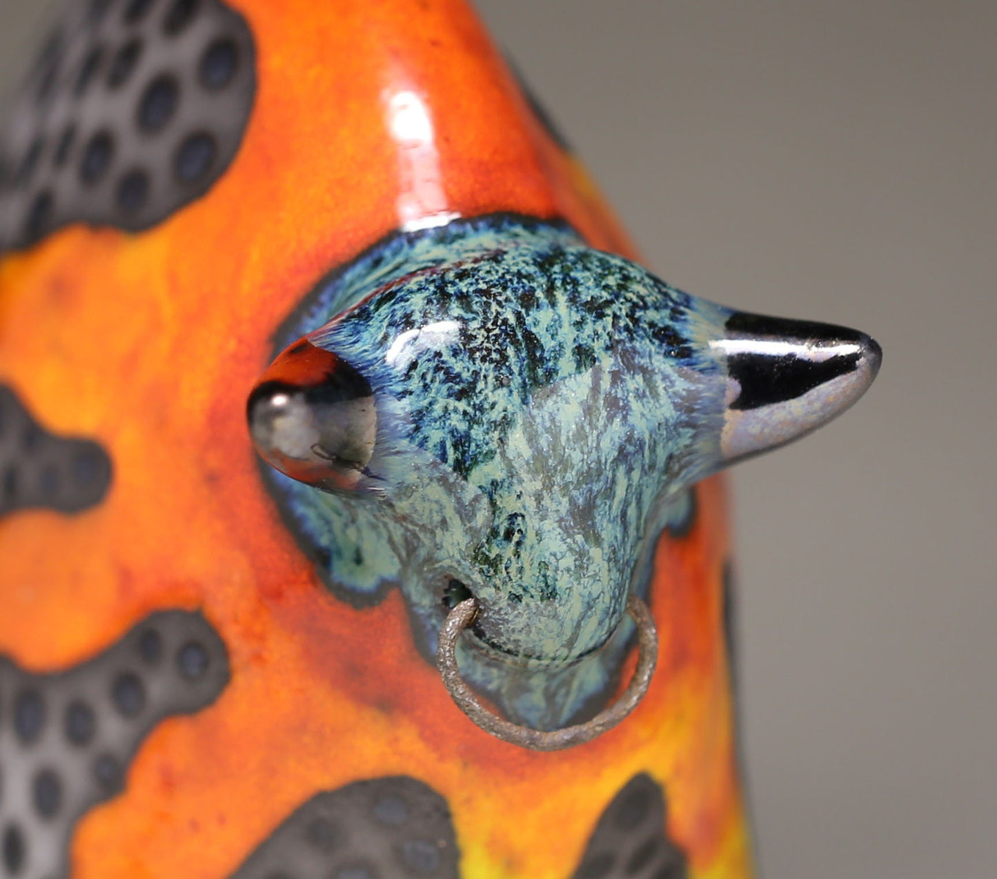 Handmade Ceramic Bull Sculpture: Bronze & Orange Glaze