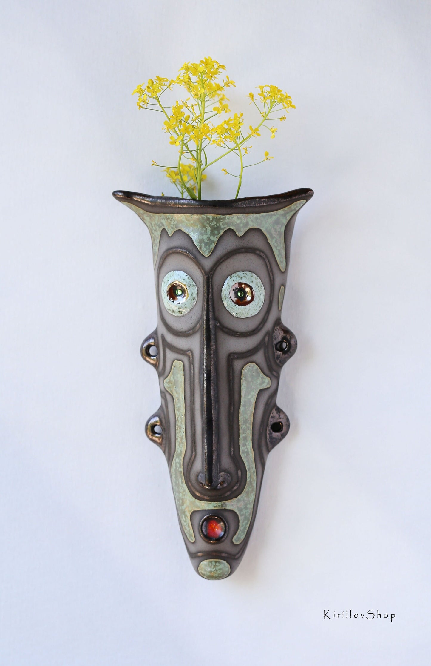 Handmade Ceramic Wall Mask: Unique Glazed Face Sculpture