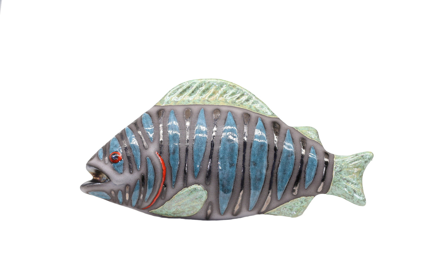 Blue Ceramic Fish Sculpture Wall Decor Art