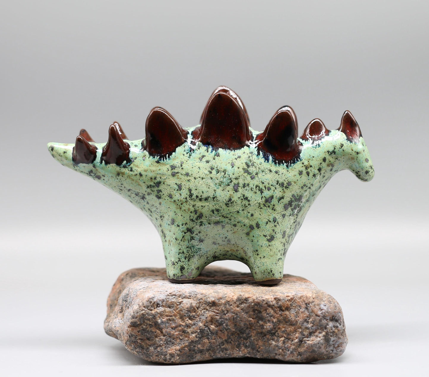 Handmade Ceramic Stegosaurus Sculpture: Mint Green -  Red Art Object