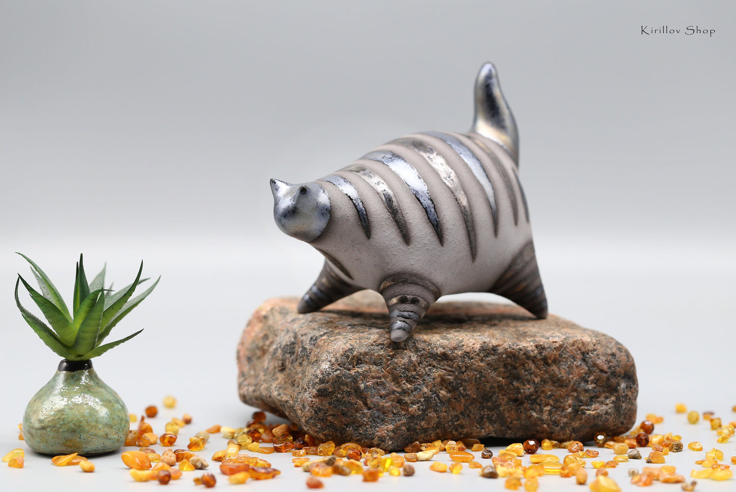 Handmade Ceramic Cat Sculpture: Bronze Glaze, Modern Home Decor