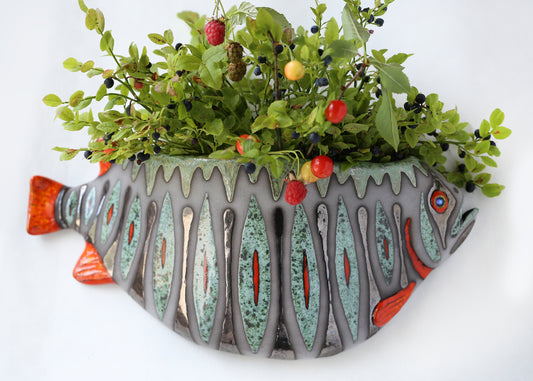 Ceramic wall vase for flowers, Fish wall decoration, Handmade unique wall mountable plant vase, Home decor