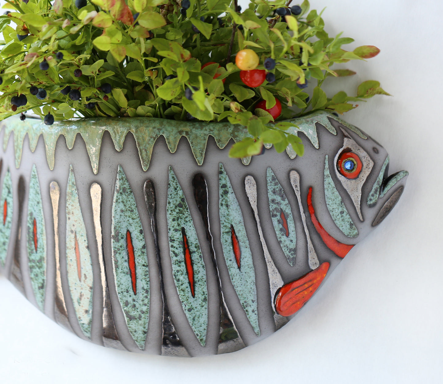 Ceramic wall vase for flowers, Fish wall decoration, Handmade unique wall mountable plant vase, Home decor