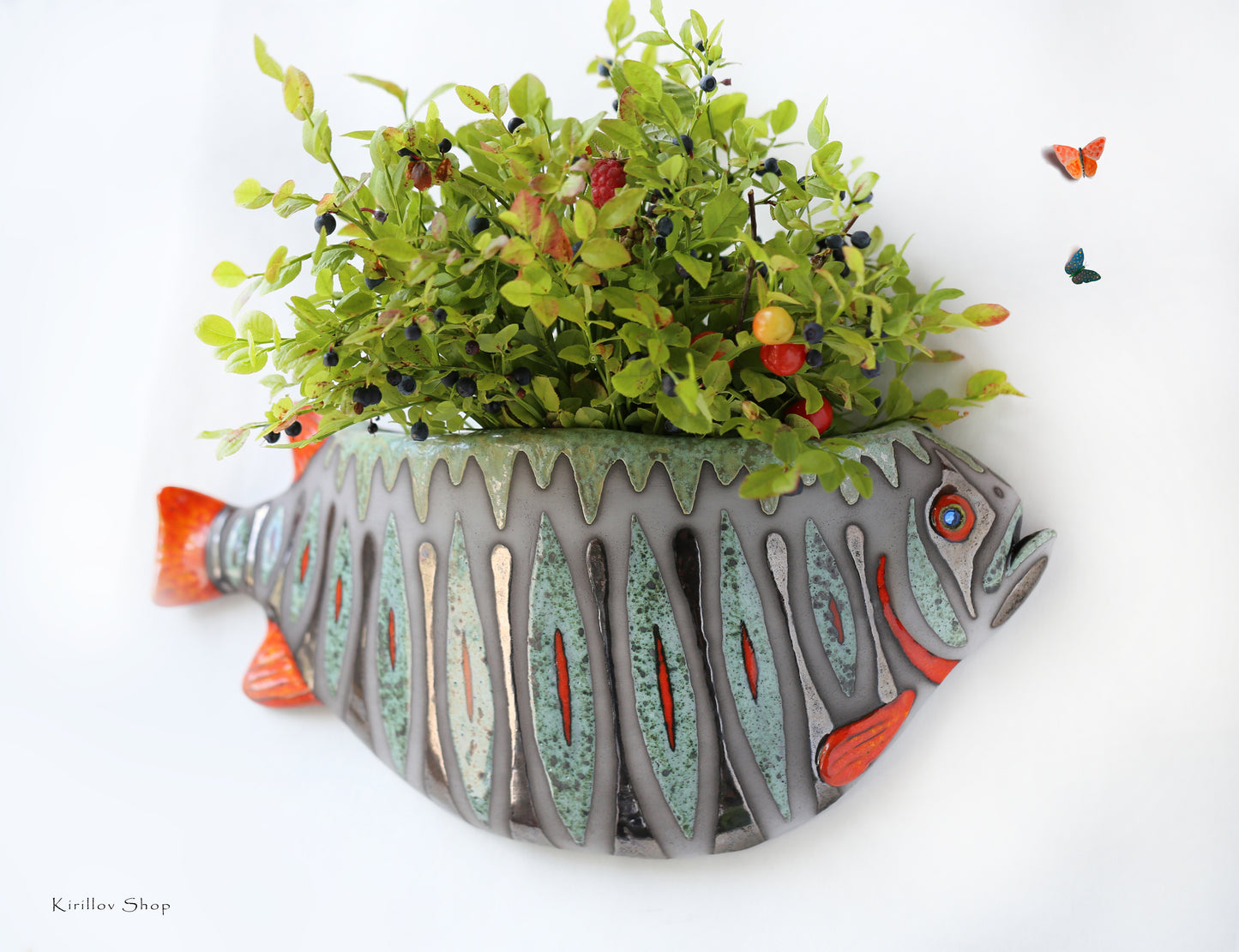 Ceramic wall vase for flowers, Fish wall decoration, Handmade unique wall mountable plant vase, Home decor